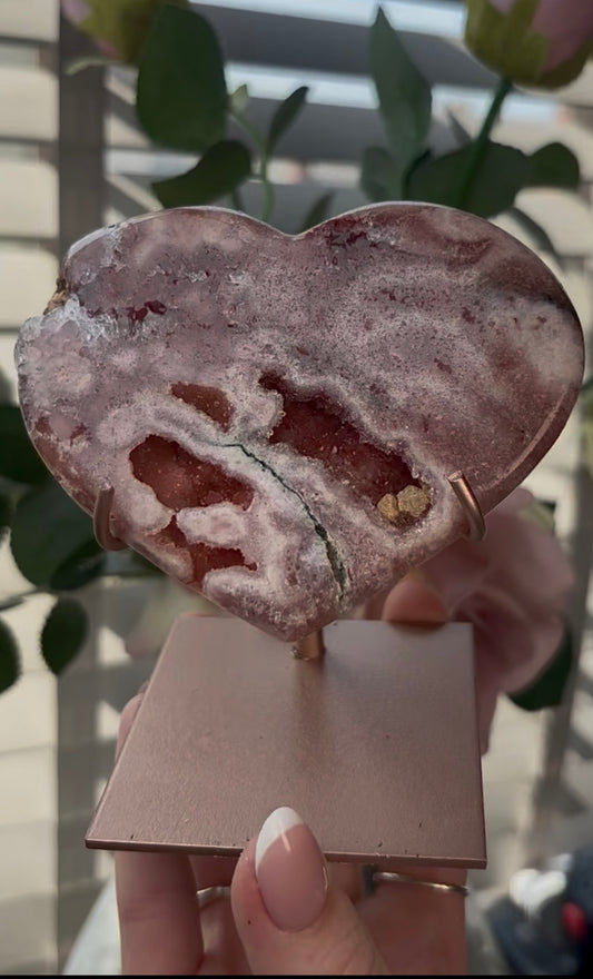 Gorgeous, pink amethyst heart with Jasper - comes with stand