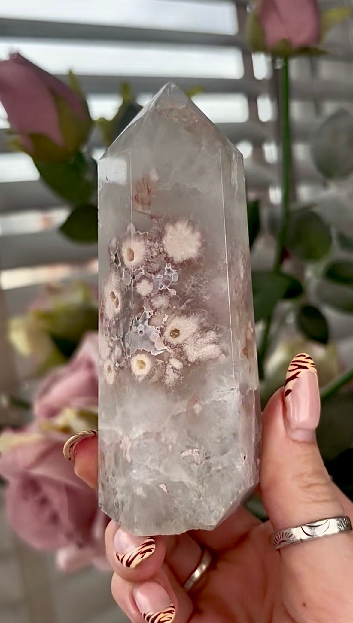 Stunning!! Super high quality, Druzy, green chlorite x blue flower agate tower
