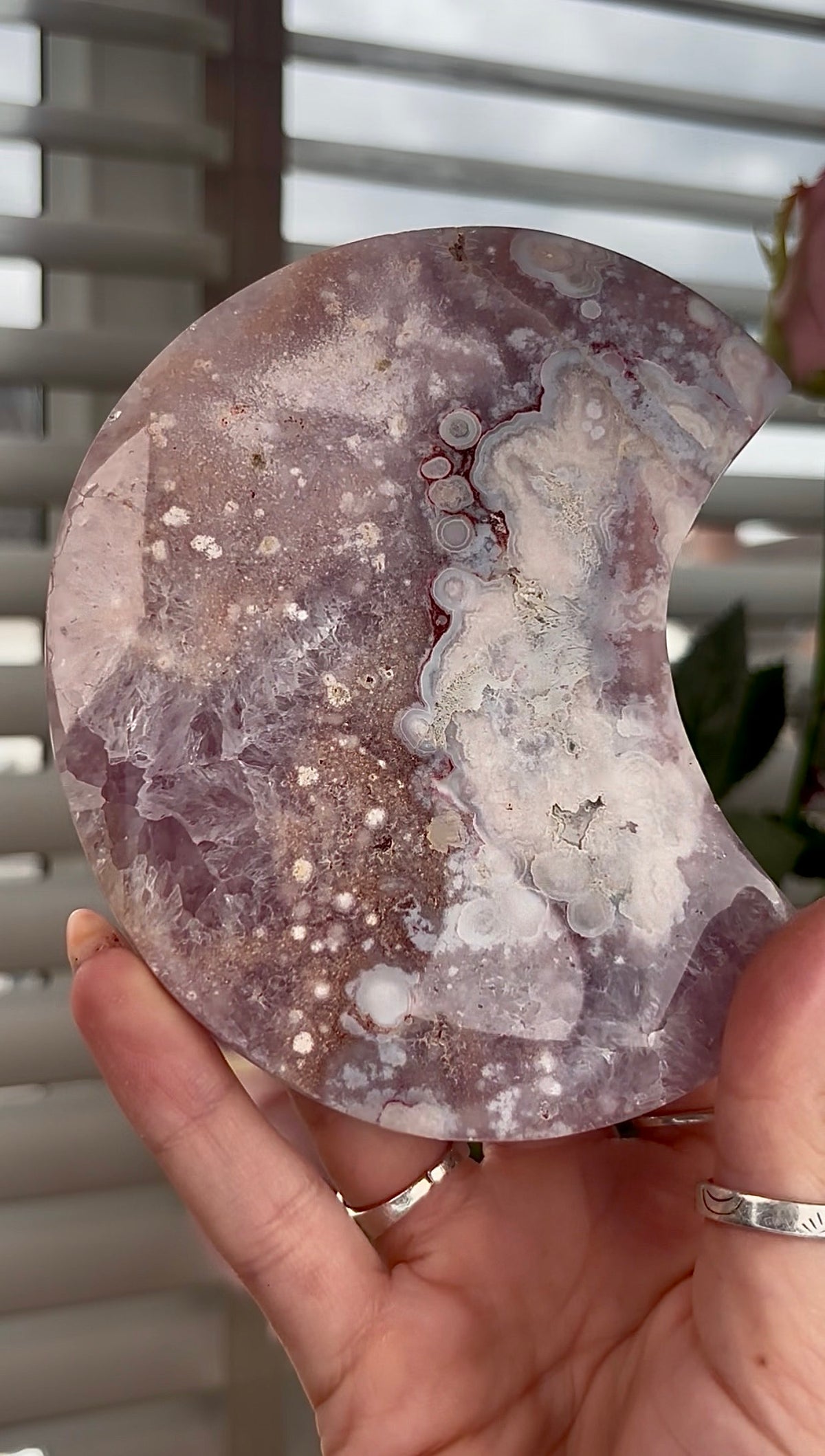 High grade, amethyst Flower agate moon with high clarity quartz