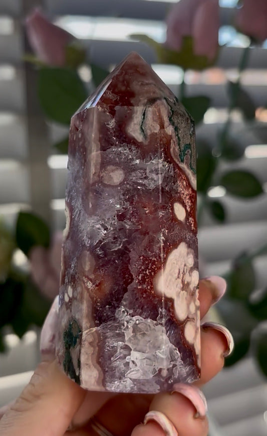 Beautiful, high quality, Pink amethyst tower with red hematite, lilac quartz and Green jasper