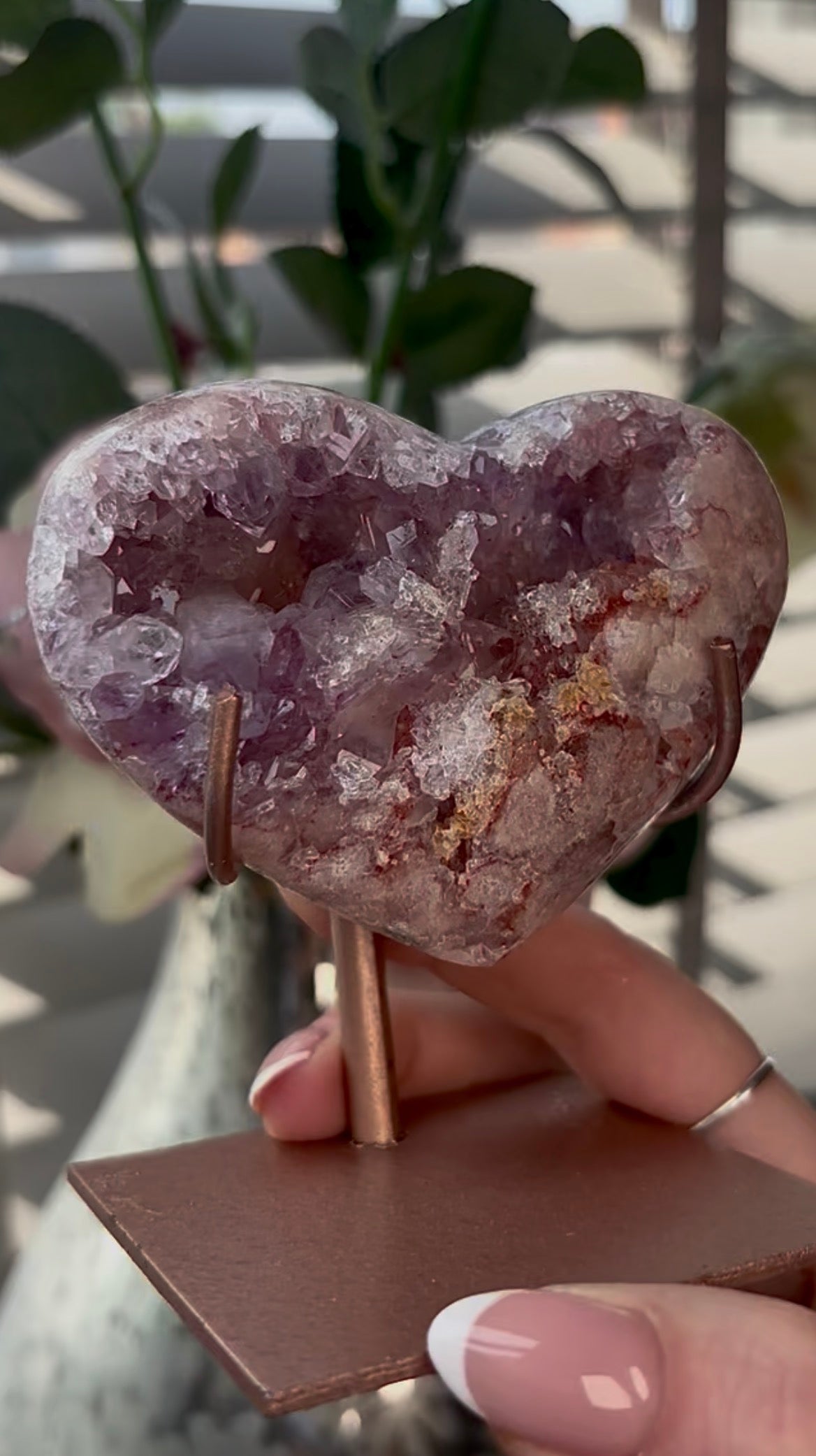 Gorgeous, high quality, pink amethyst heart with lilac quartz - comes with stand
