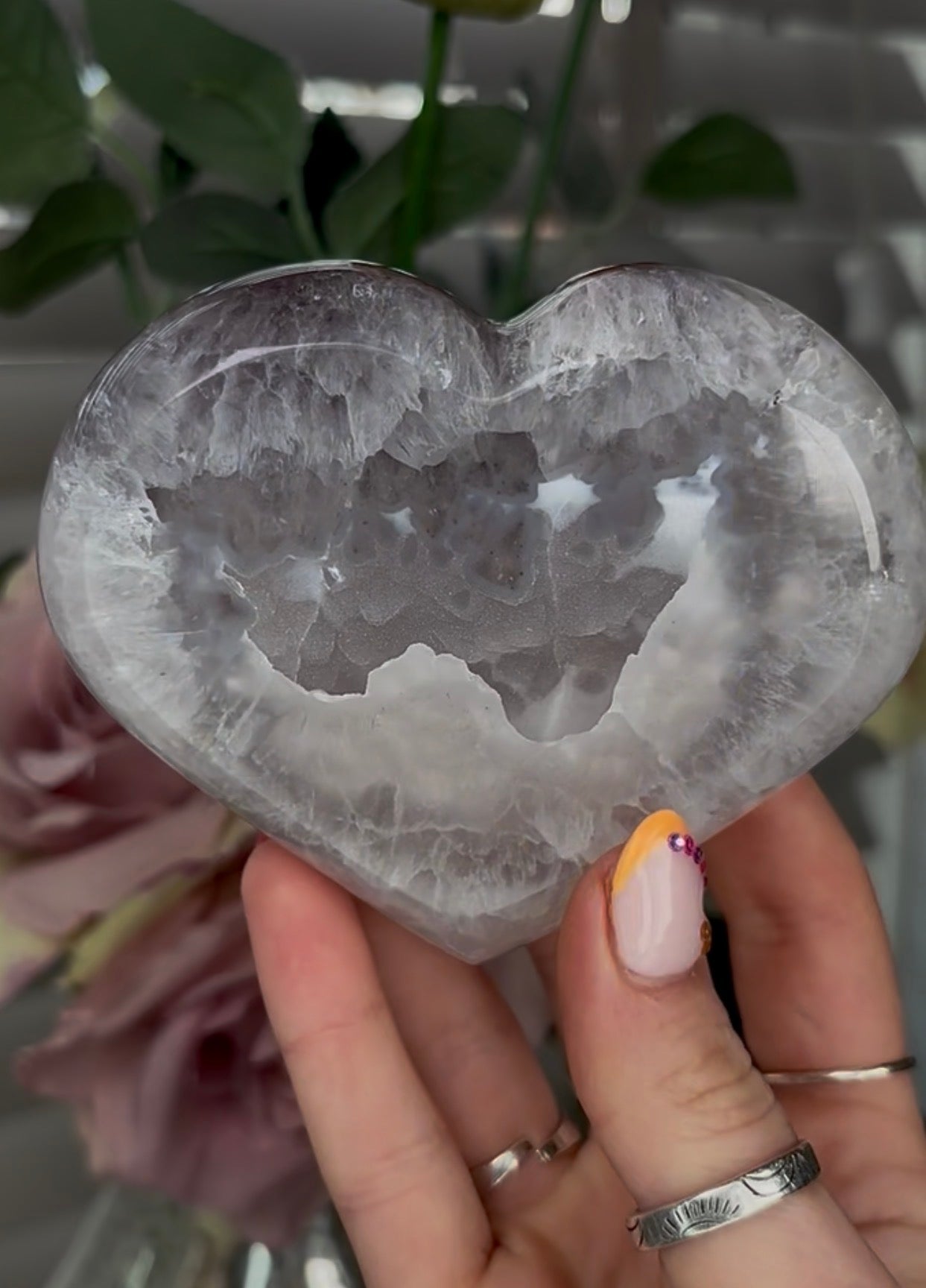 Beautiful, high quality, agate heart with druzy - stand included