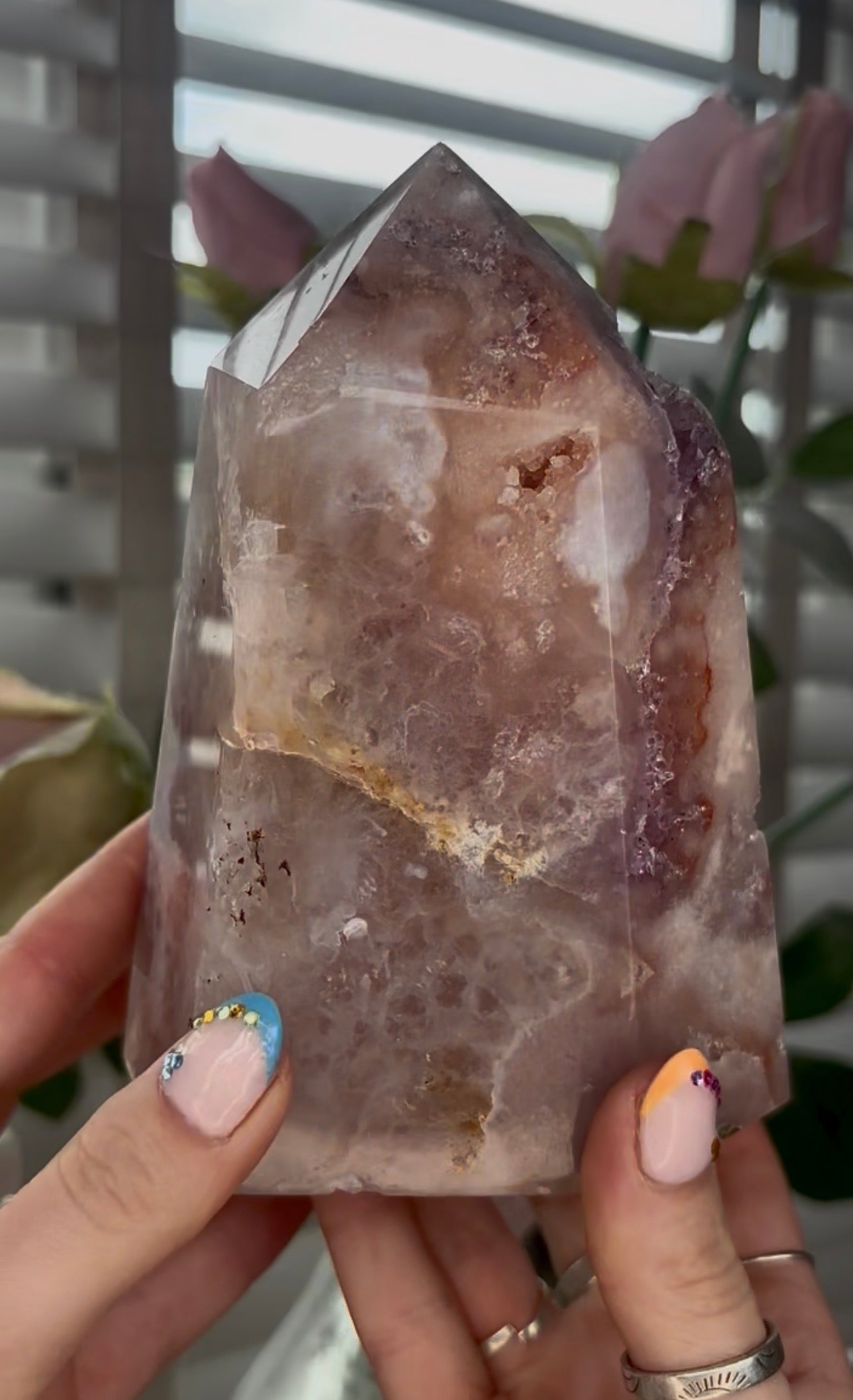 Huge, Beautiful, Pink amethyst tower with purple quartz druzy