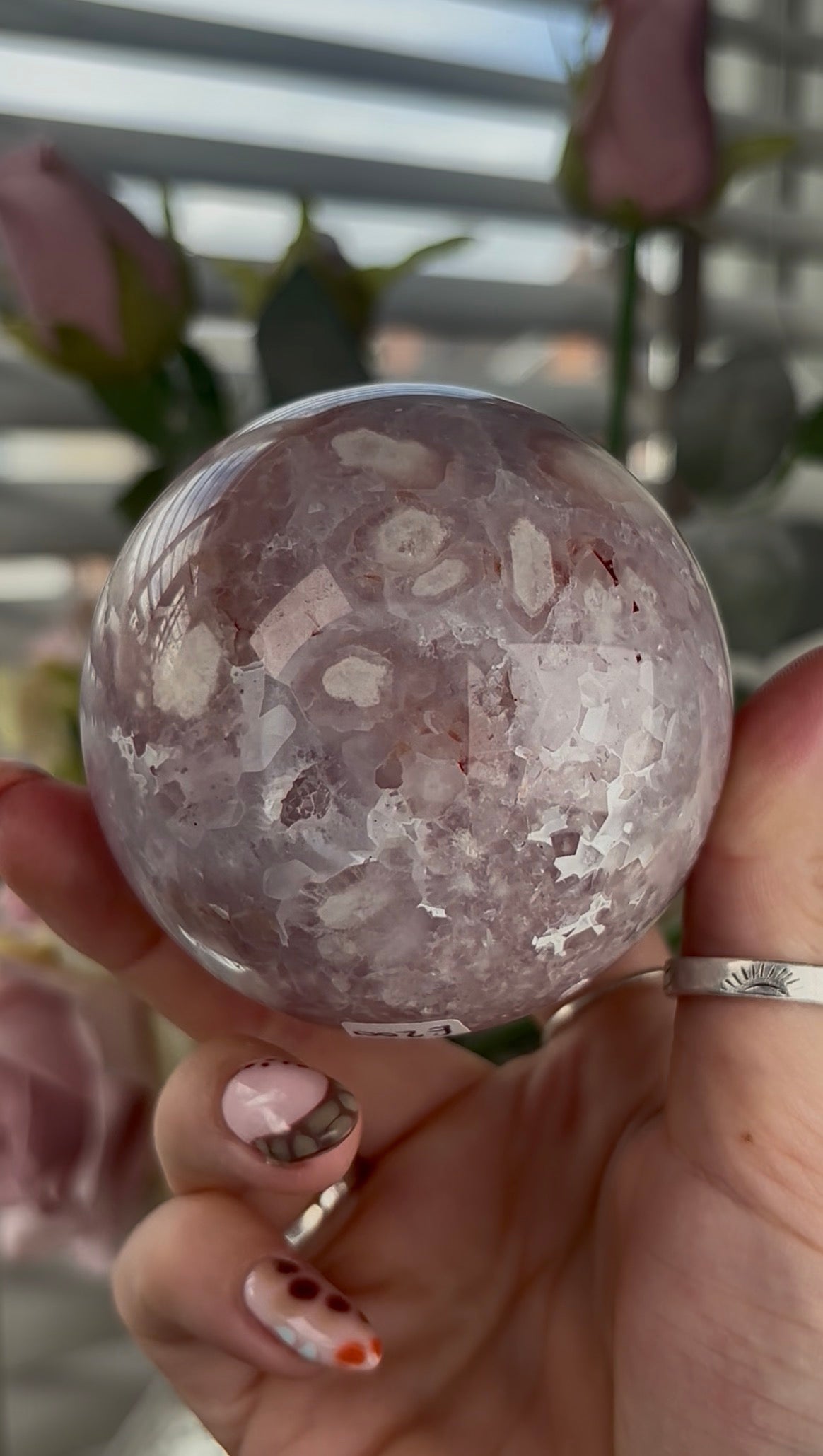 High grade, amethyst Flower agate sphere with high clarity quartz