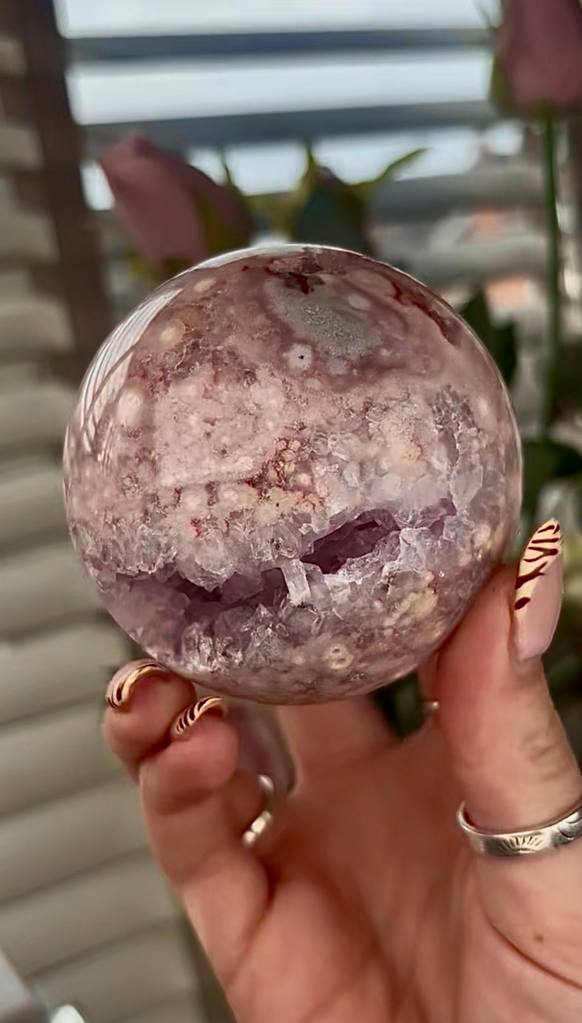 High grade, amethyst Flower agate sphere with druzy quartz- 7.2cm wide