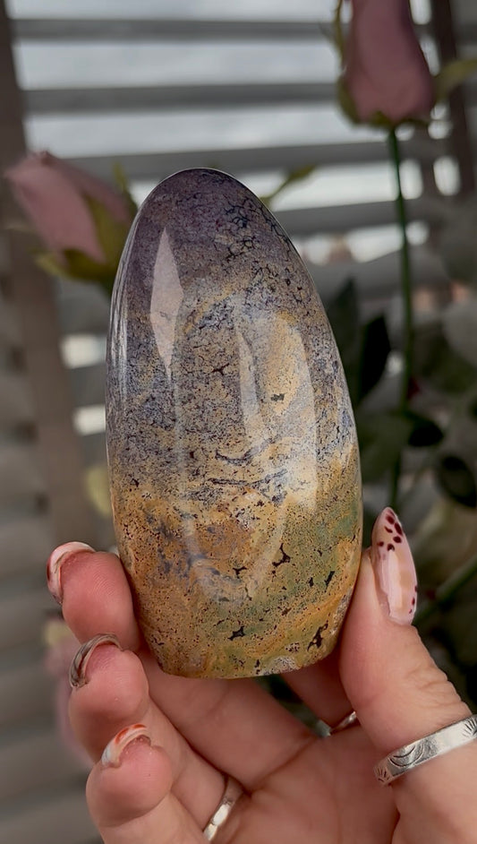 High quality, pastel pink/purple & mustard ocean jasper Freeform - 9cm (h)
