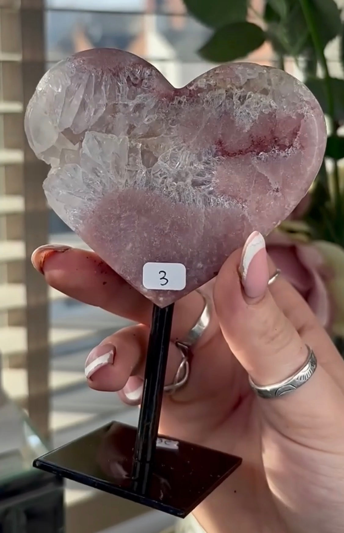 High quality pink amethyst heart with quartz - comes with stand