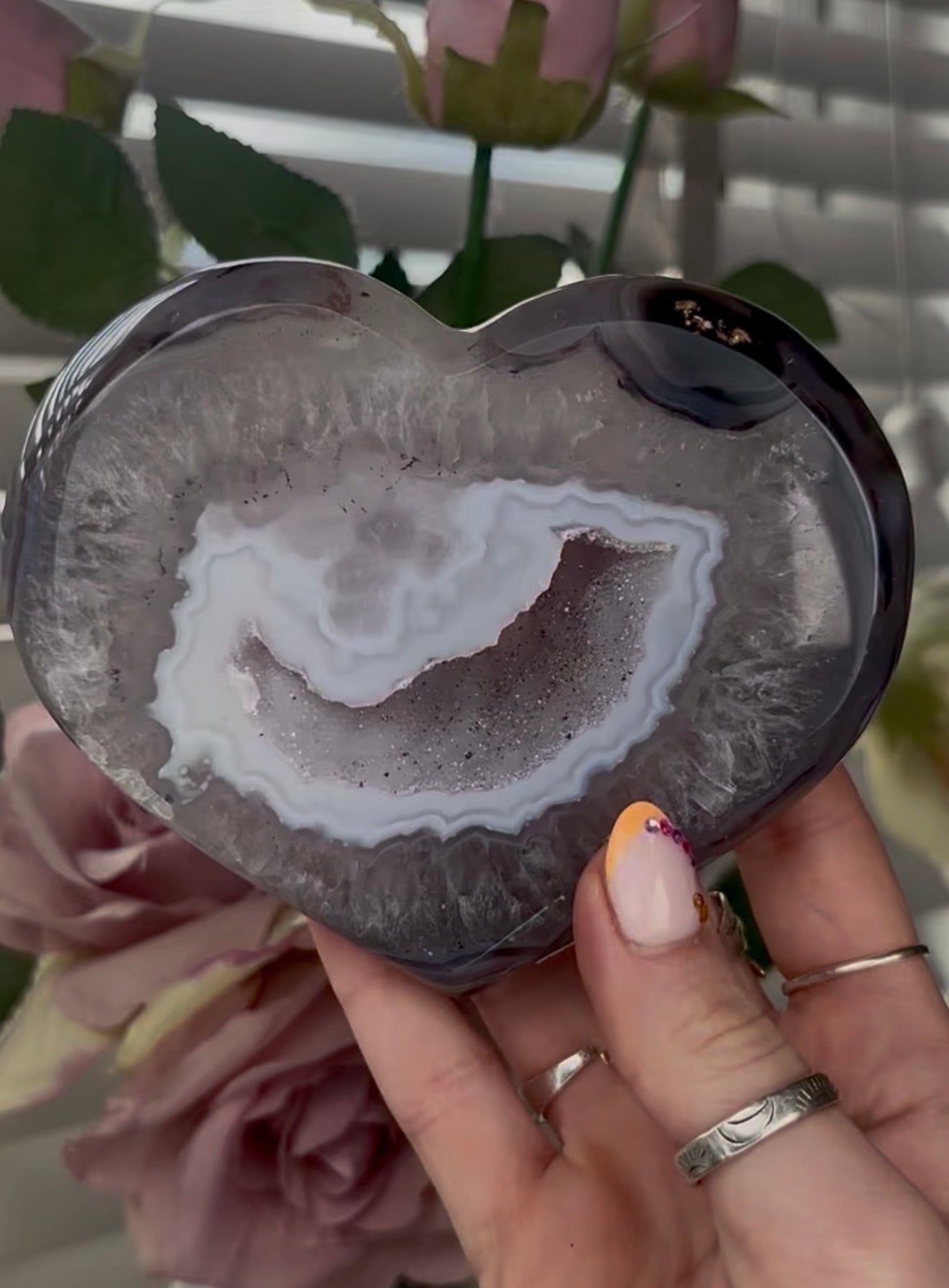 Beautiful, high quality, blue agate heart with druzy - stand included