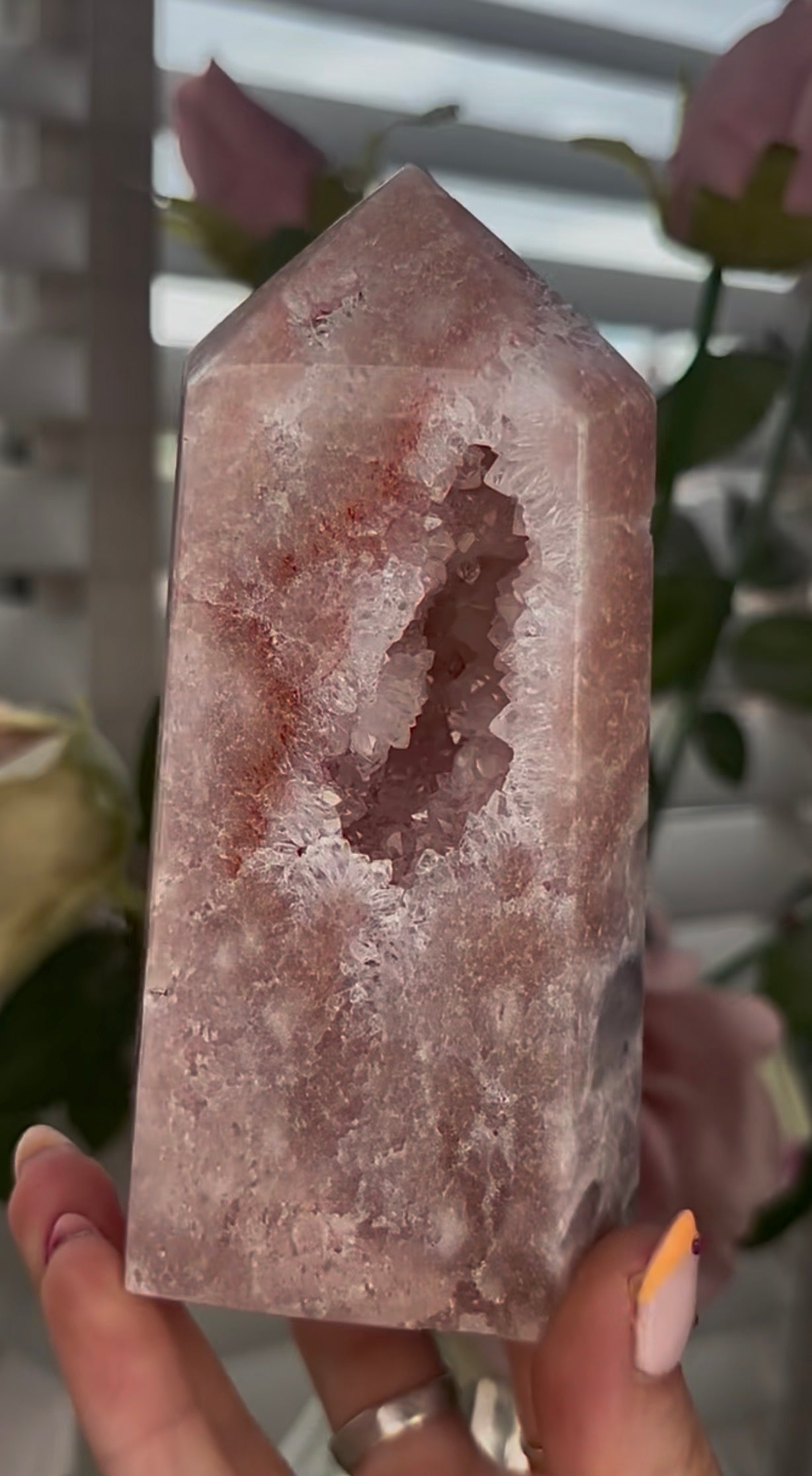 Pretty, Pink amethyst tower, with quartz druzy