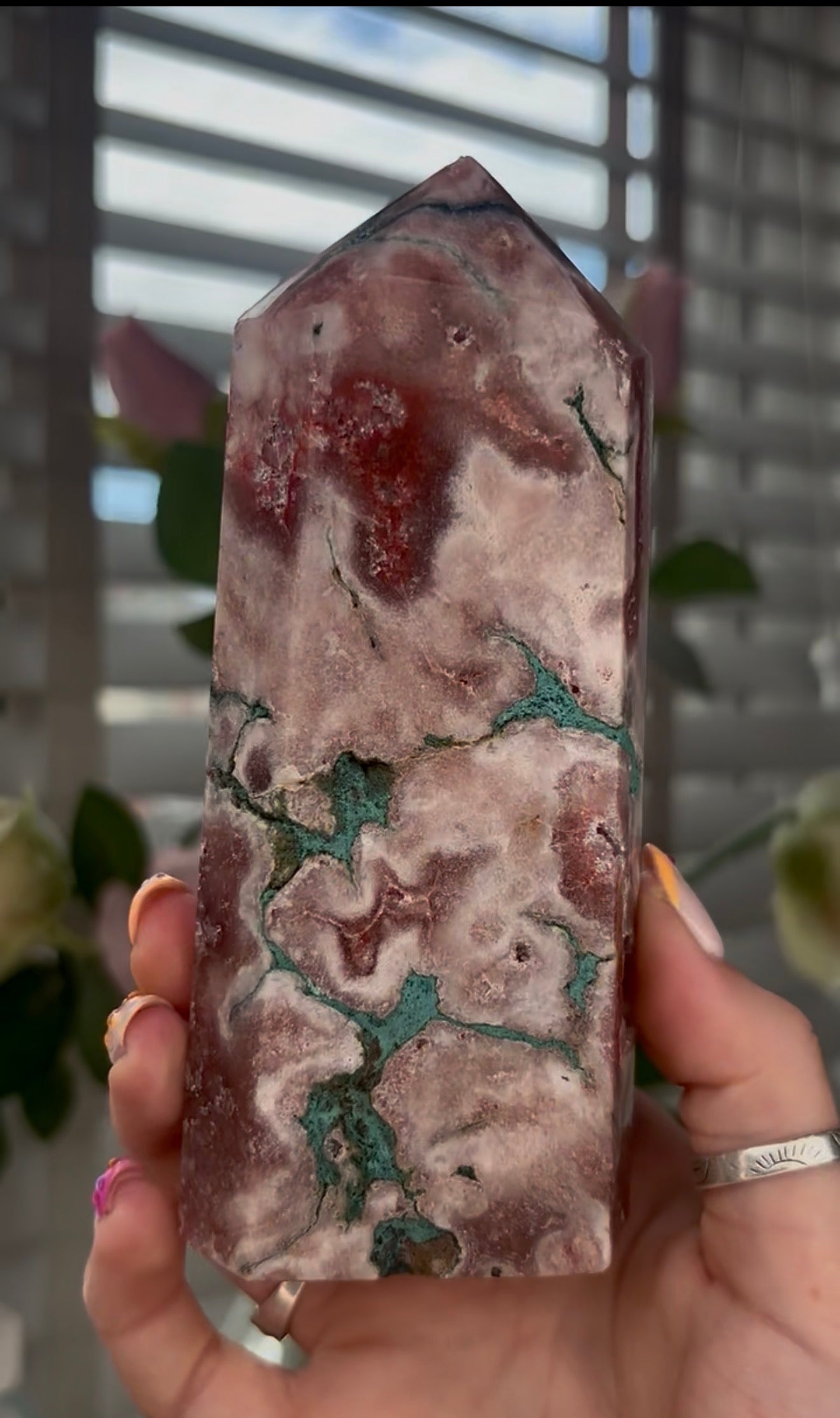Beautiful, high quality, Pink amethyst tower with Green jasper
