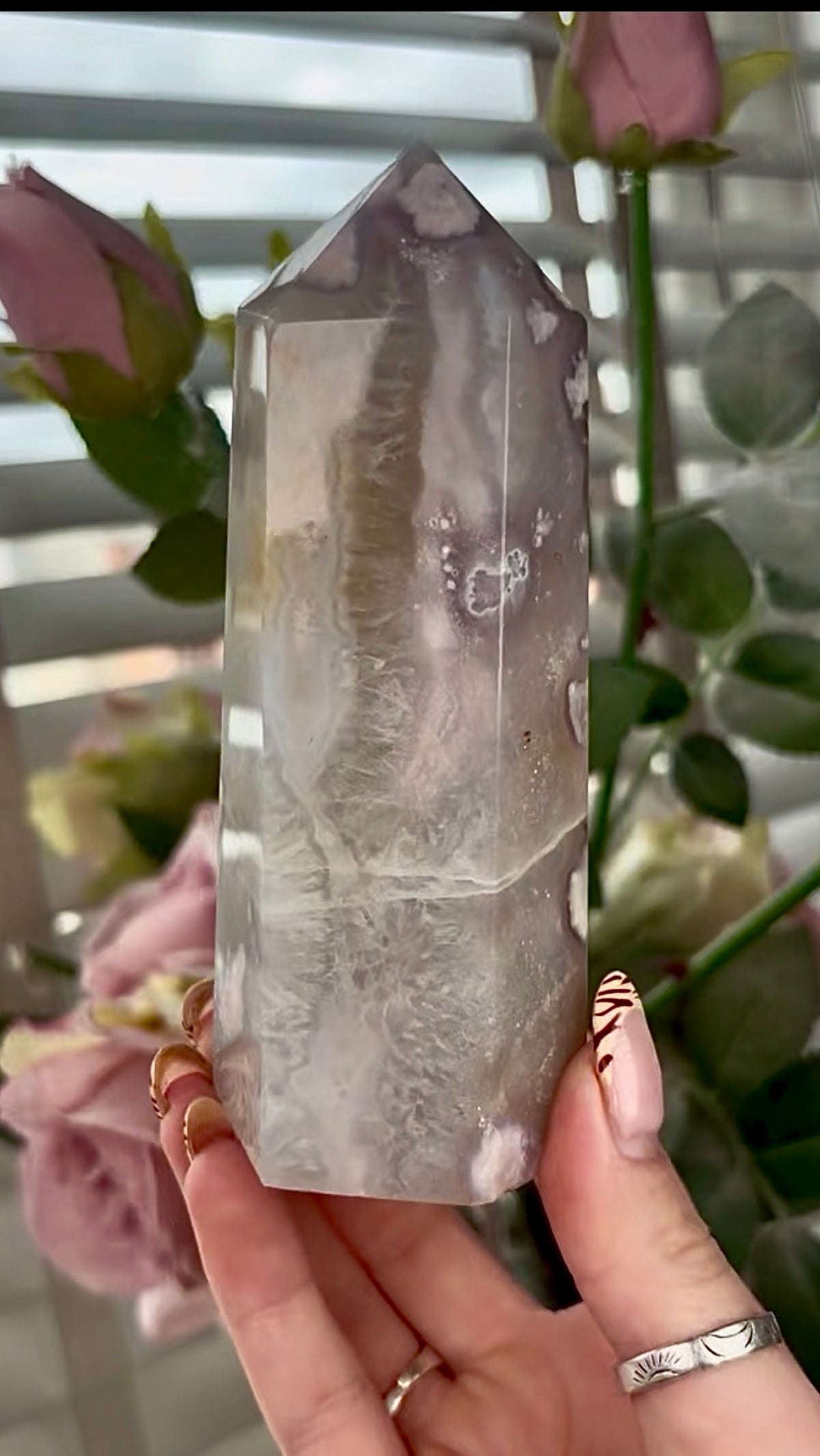 Stunning!! Super high quality, Druzy, green chlorite x blue flower agate tower