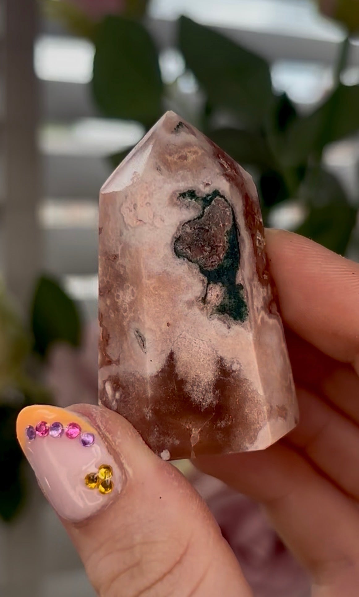 Mini, Pink amethyst tower in burnt orange tones with chewing gum druzy