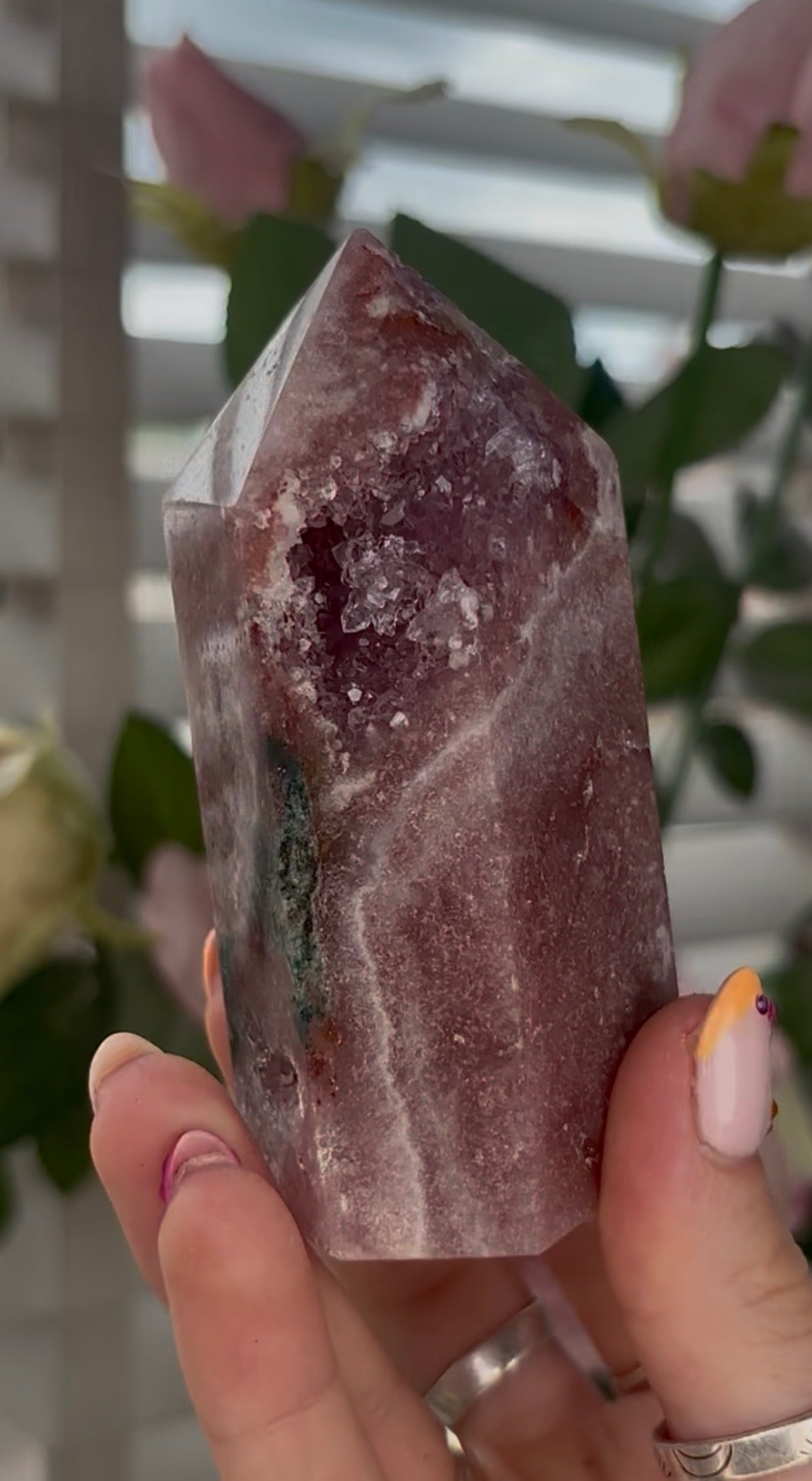 Pretty, Pink amethyst tower, with Green jasper