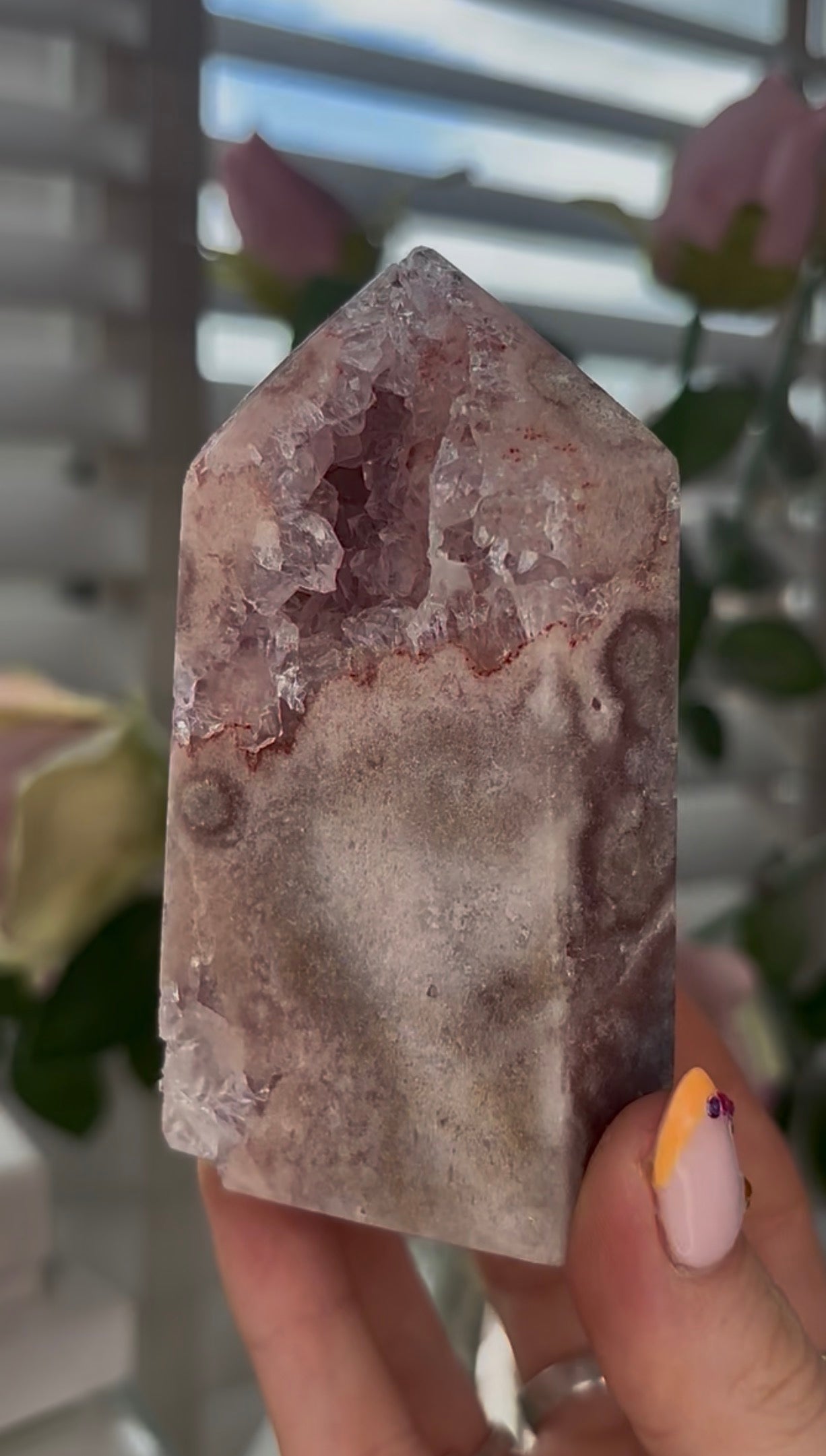 Beautiful, Pink amethyst tower with quartz druzy
