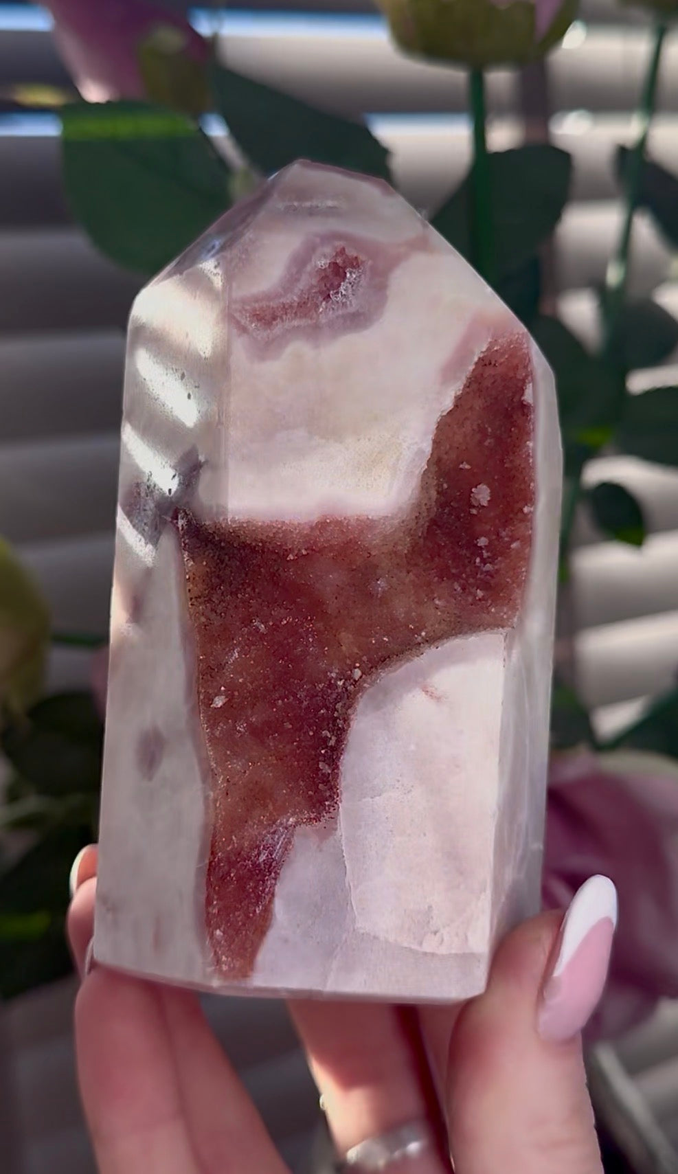 Stunning Pink amethyst tower with red druzy - 650g 11.5cm (h)