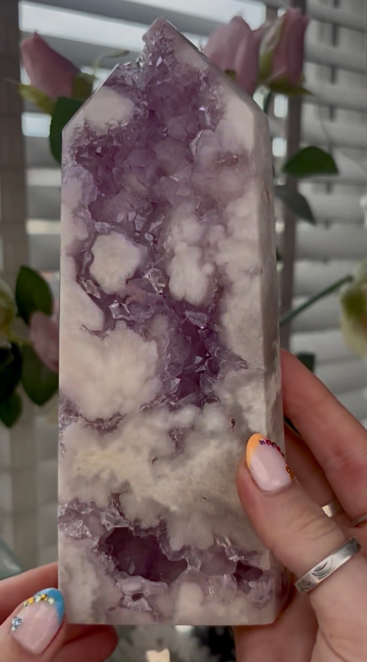 Huge, High quality, Pink amethyst tower, with purple quartz druzy