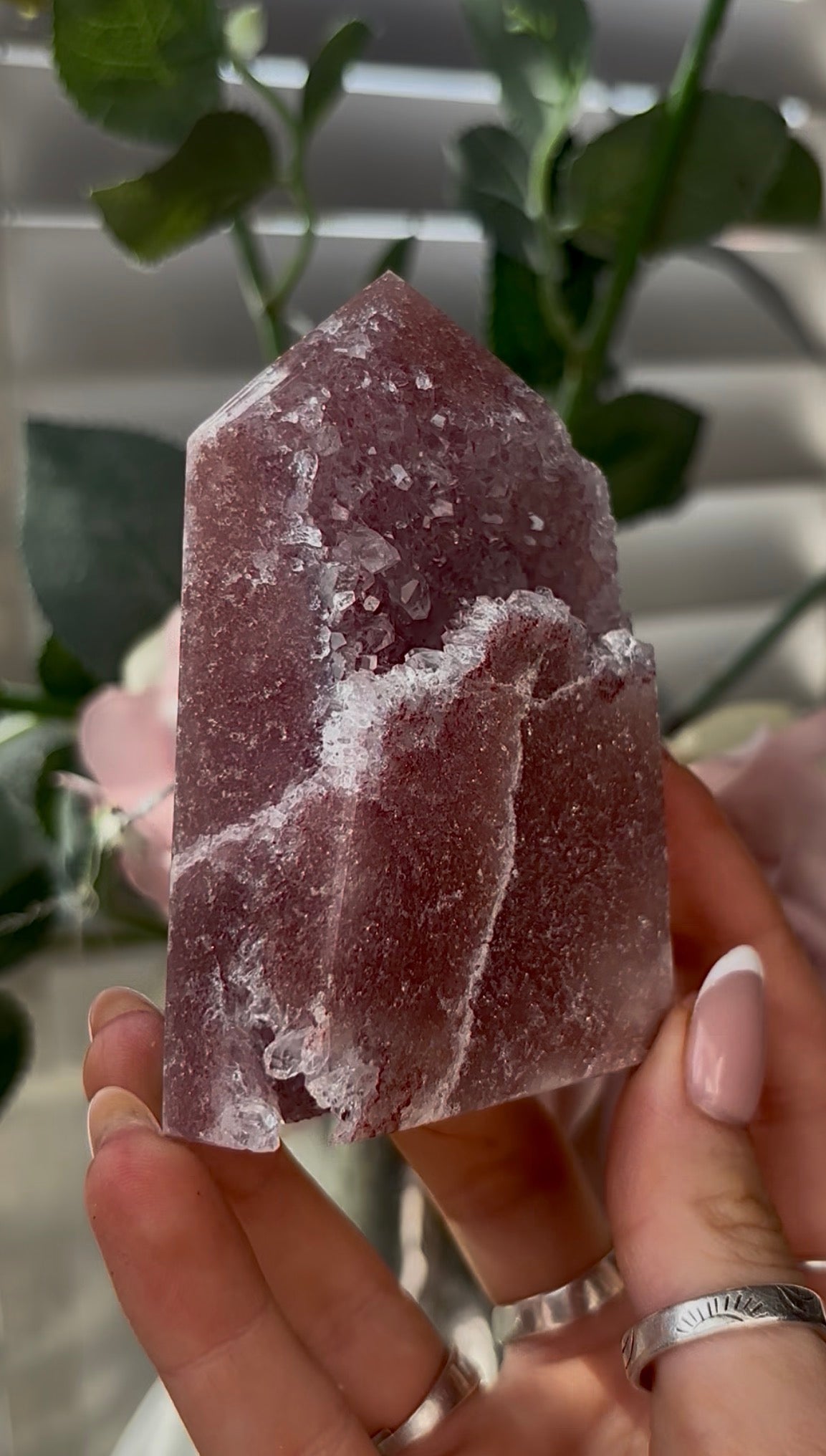 Beautiful, hq, druzy, Pink amethyst tower 9cm(h) by 6.4cm(w)