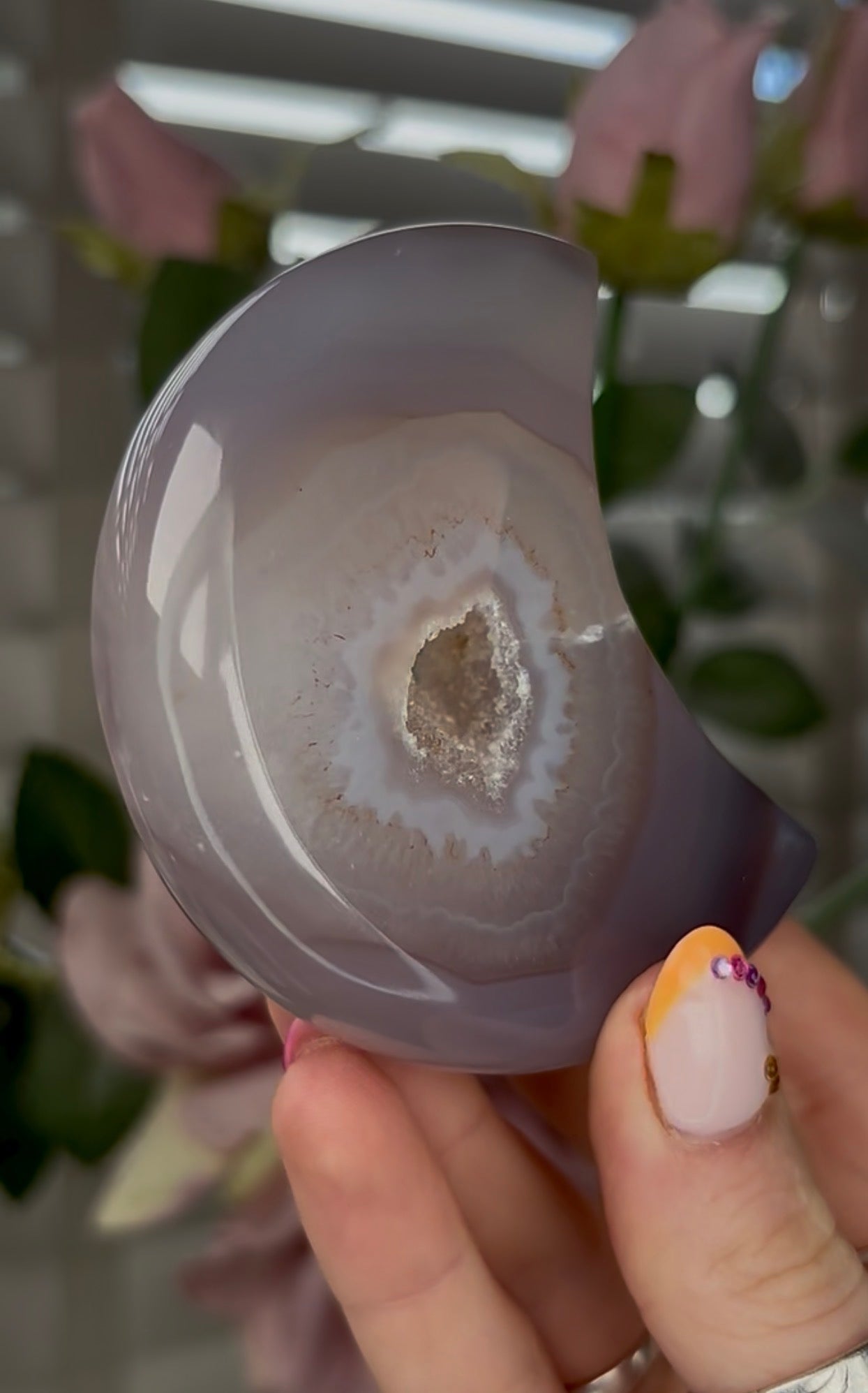 Beautiful, agate moon with druzy - comes with stand