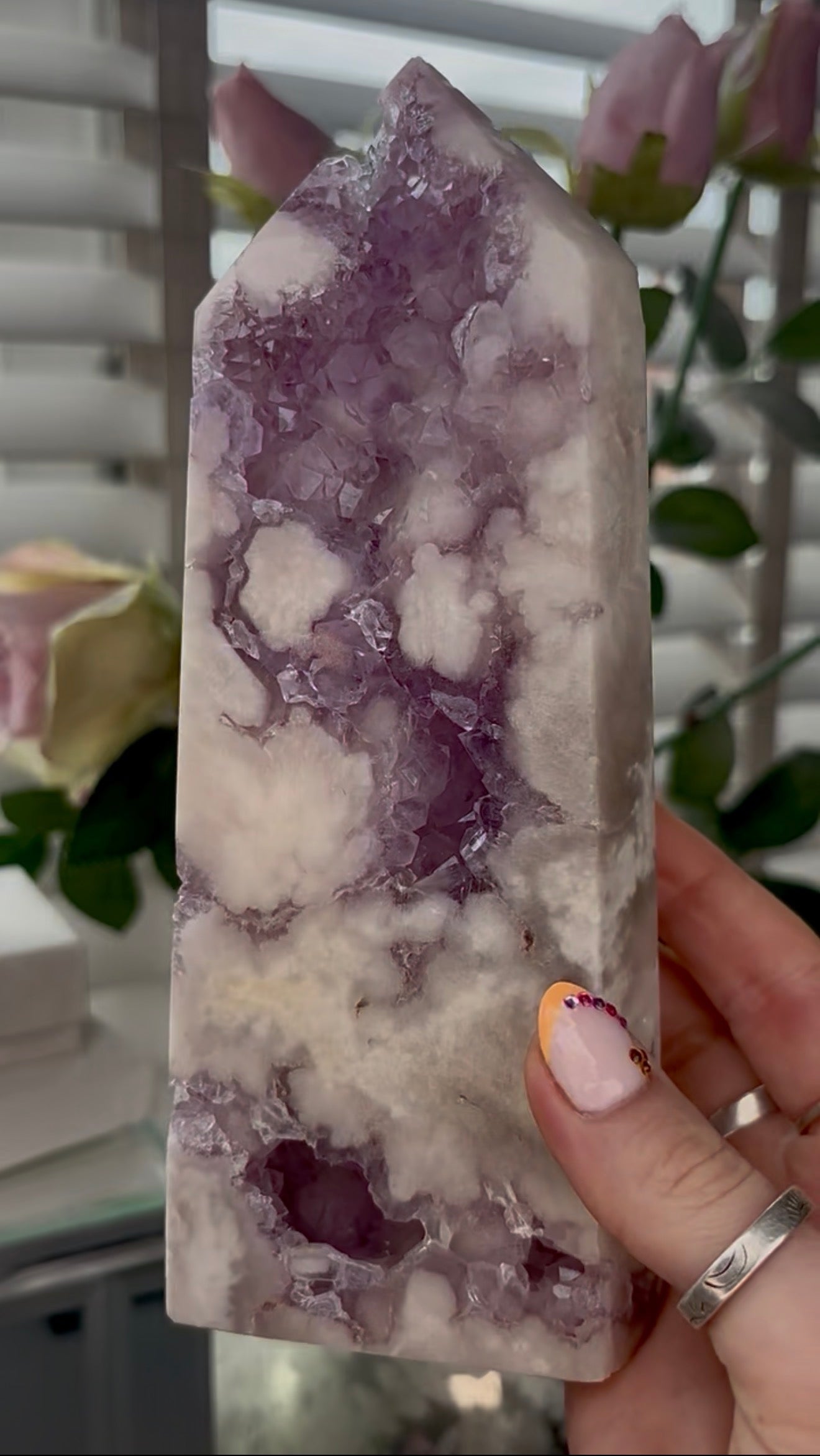 Huge, High quality, Pink amethyst tower, with purple quartz druzy