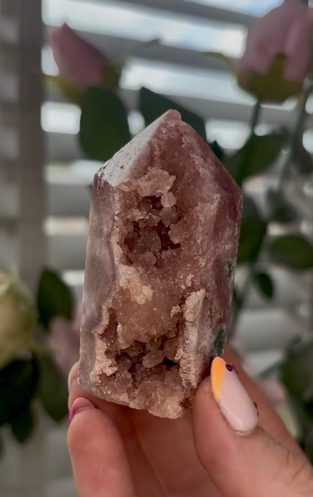 Small, Pink amethyst tower with druzy