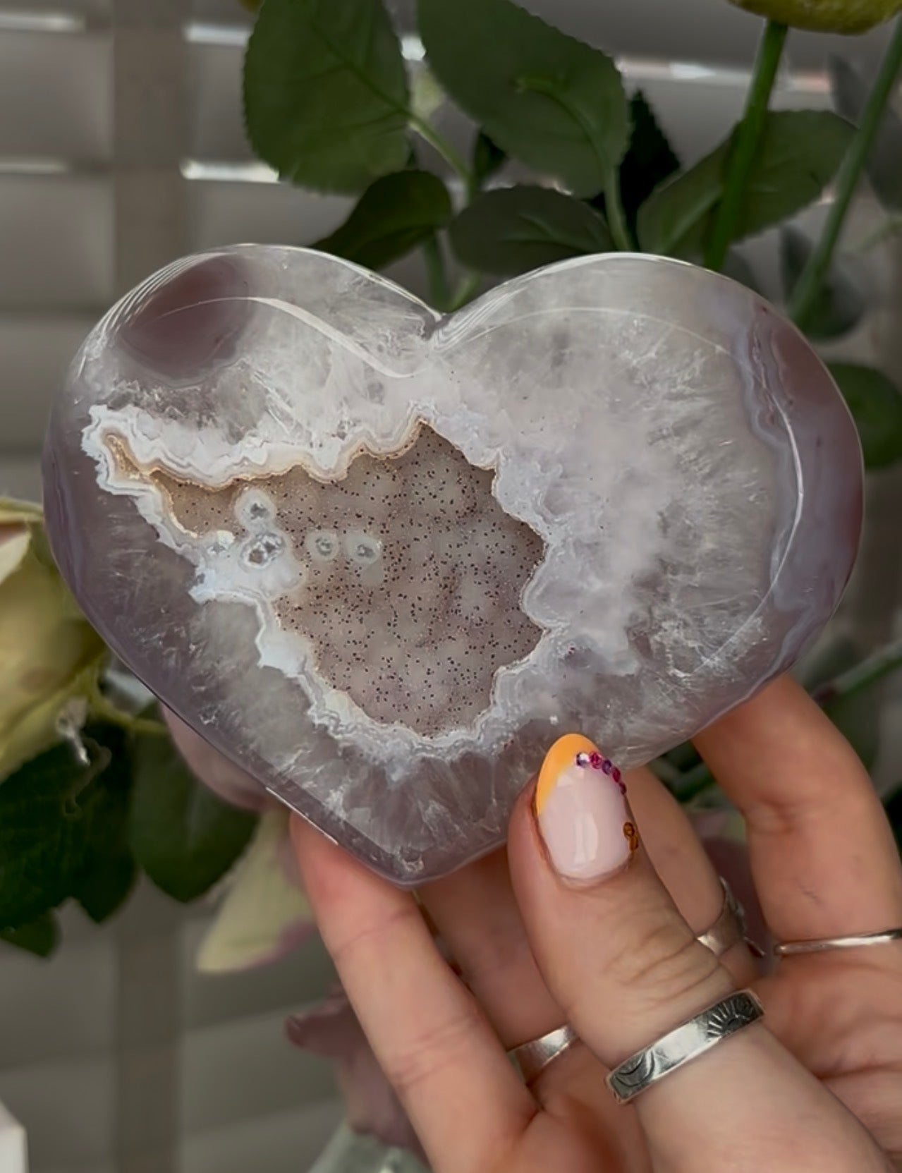 Beautiful, high grade, agate heart with druzy - comes with stand