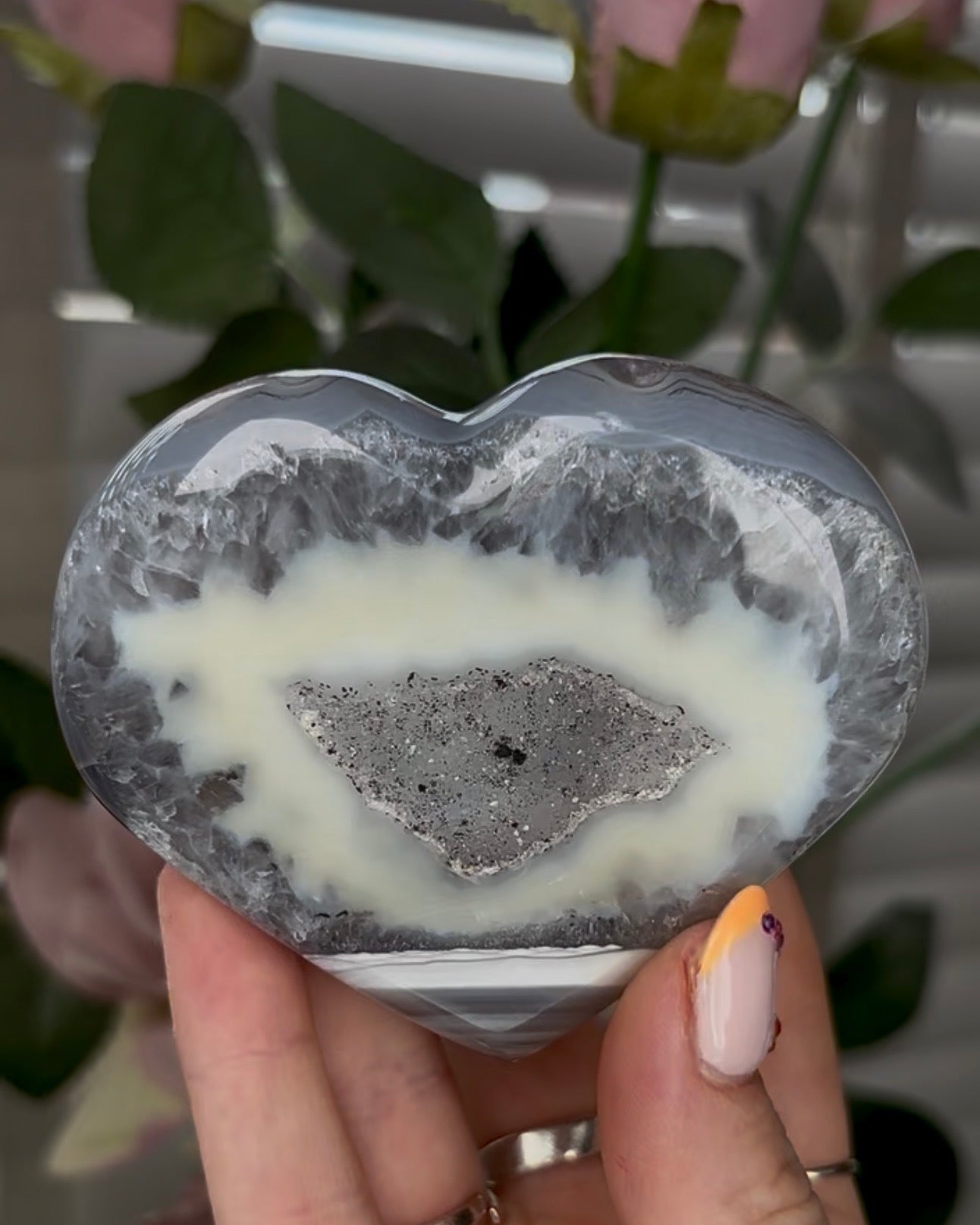 Beautiful, high grade, banded agate heart with druzy - comes with stand