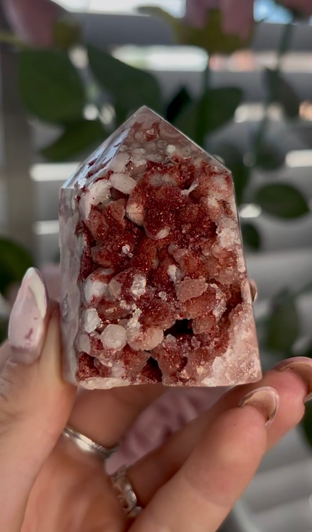 Beautiful, high quality, Pink amethyst tower with orbicular formations covered in red sugar druzy