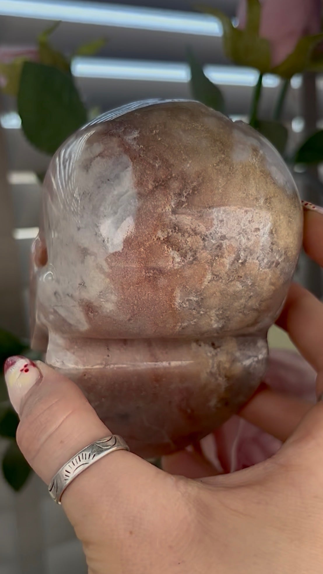High grade, pink amethyst skull carving