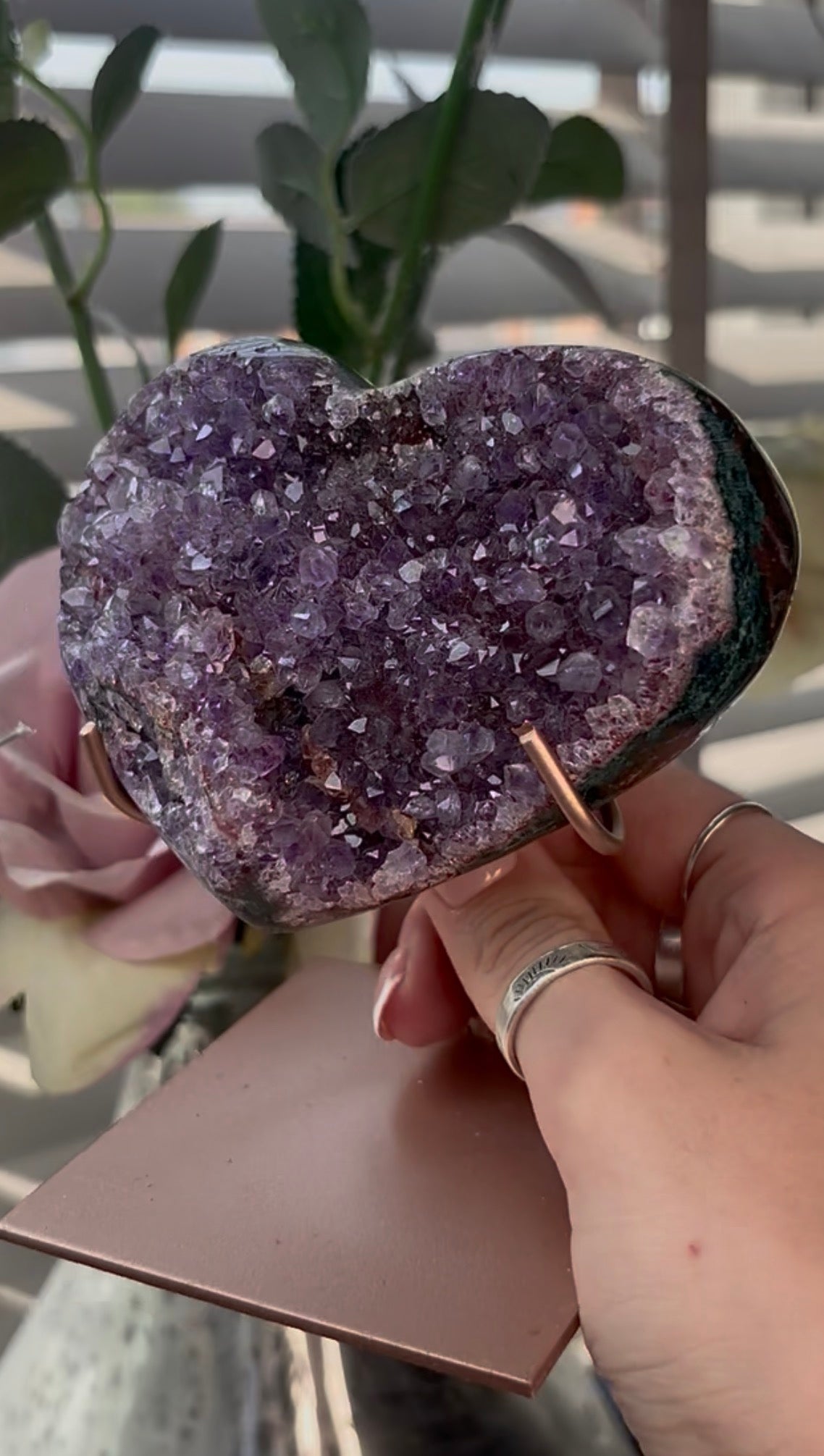 Gorgeous, high quality, pink amethyst heart with Jasper - comes with stand