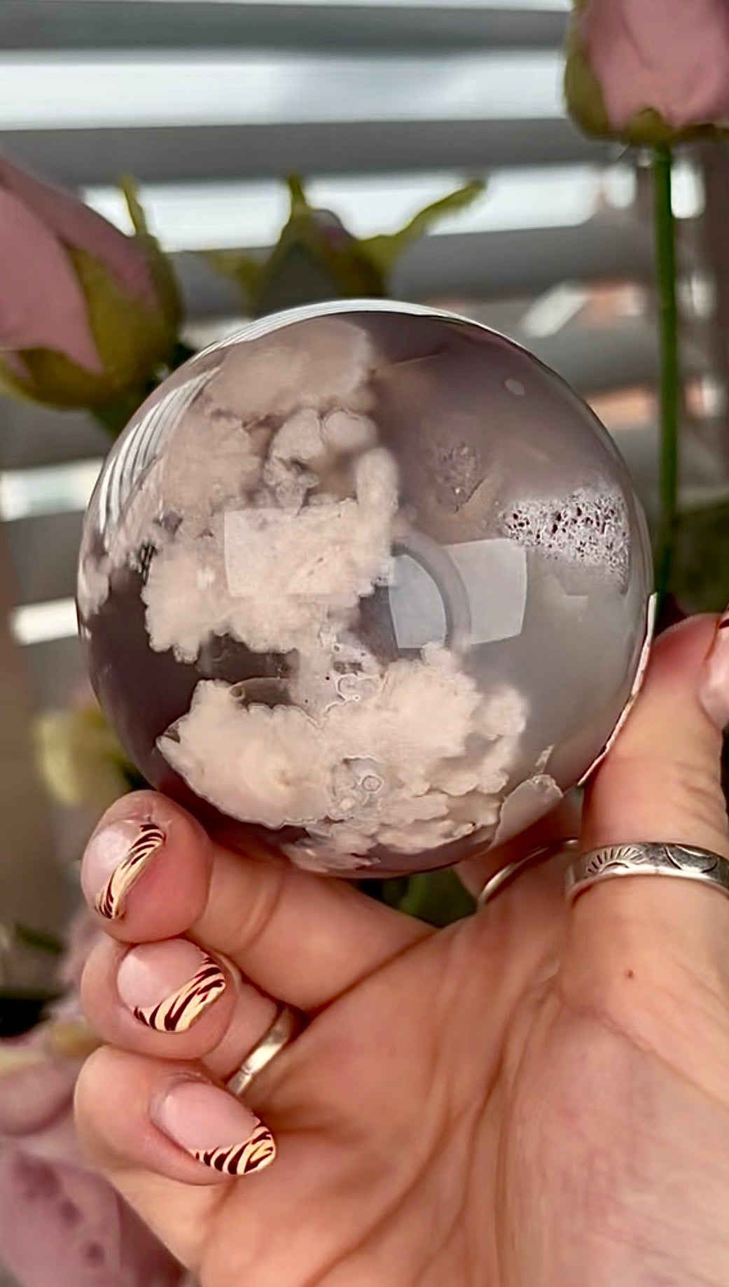 Stunning!! Super high quality, Druzy, green chlorite x blue flower agate sphere