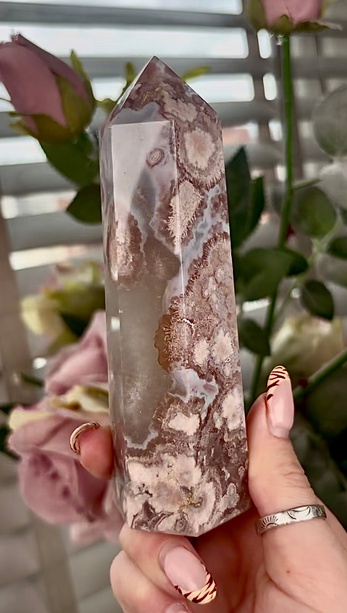 Stunning!! Super high quality, Druzy, green chlorite x blue flower agate tower