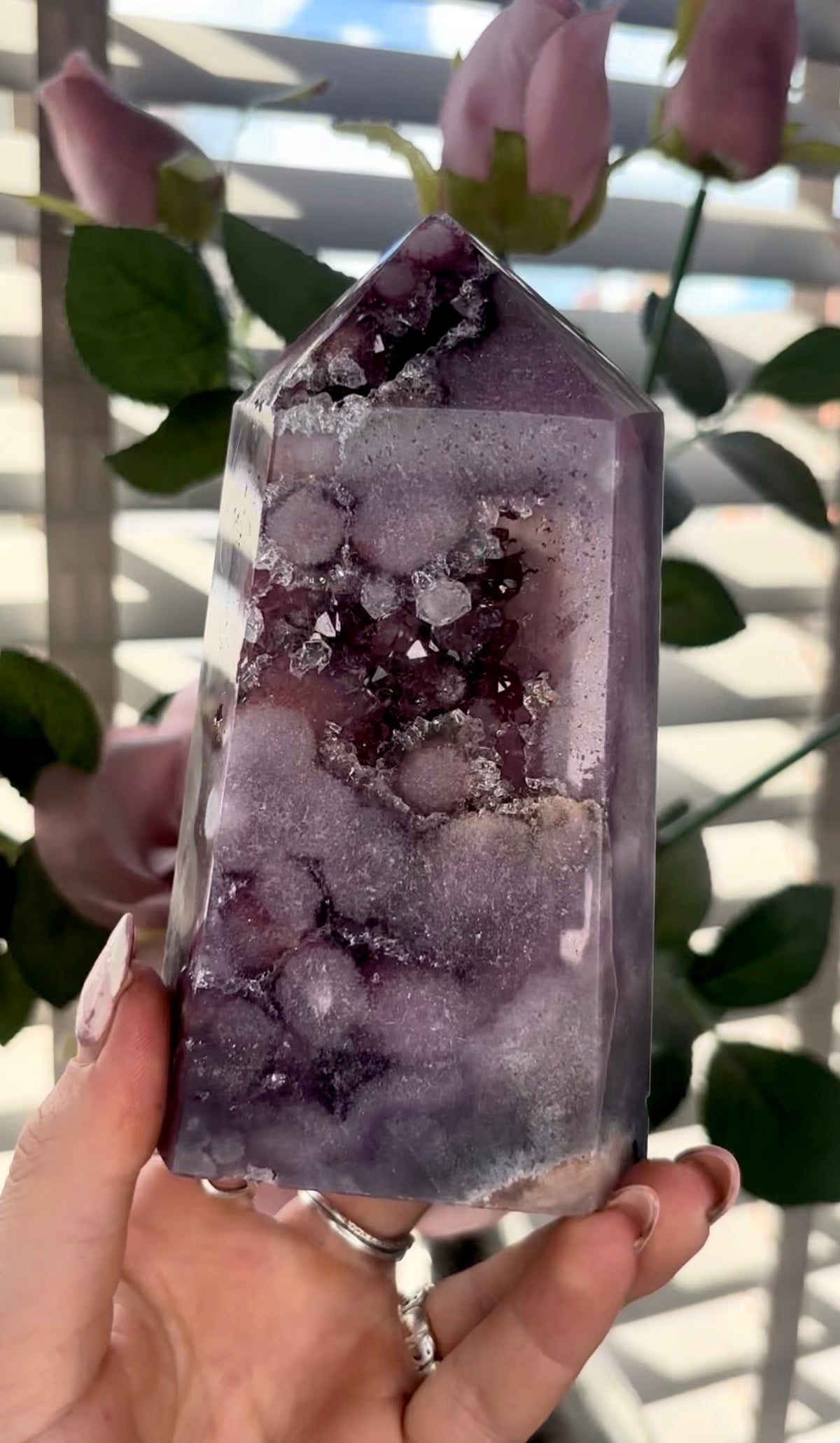 Beautiful, high quality, Pink amethyst tower in lilac tones with vibrant purple druzy