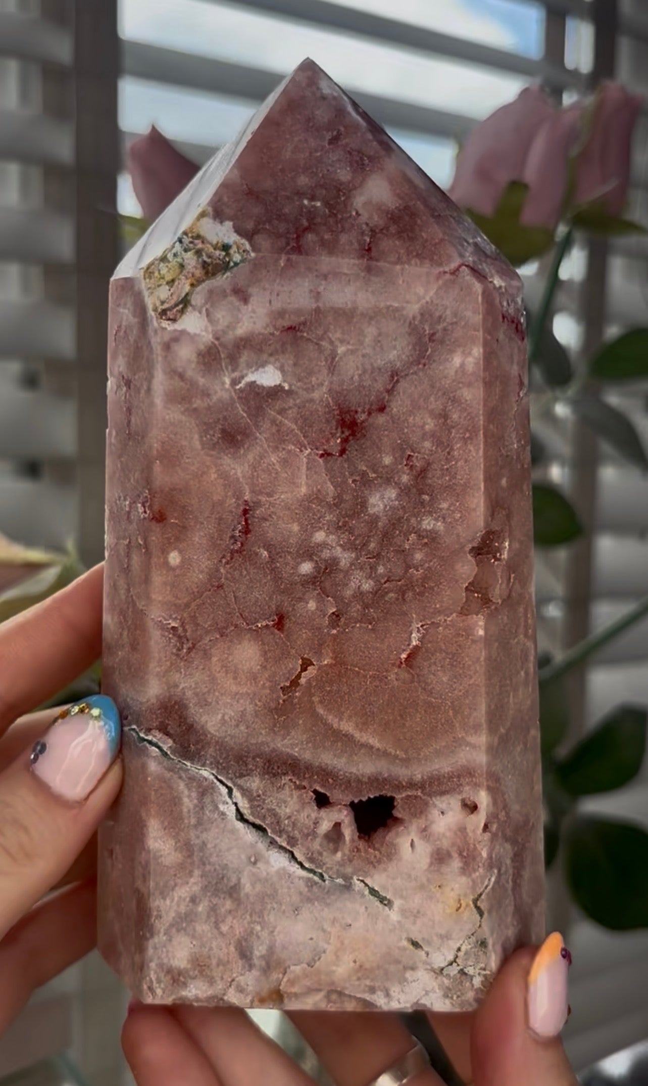 Pretty, large, high quality, Pink amethyst tower in a peach tone with quartz Druze