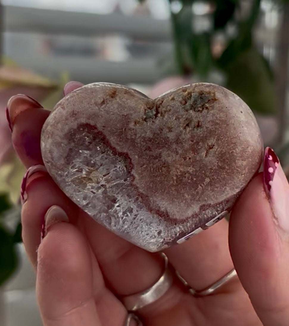 pink amethyst heart with quartz - comes with stand