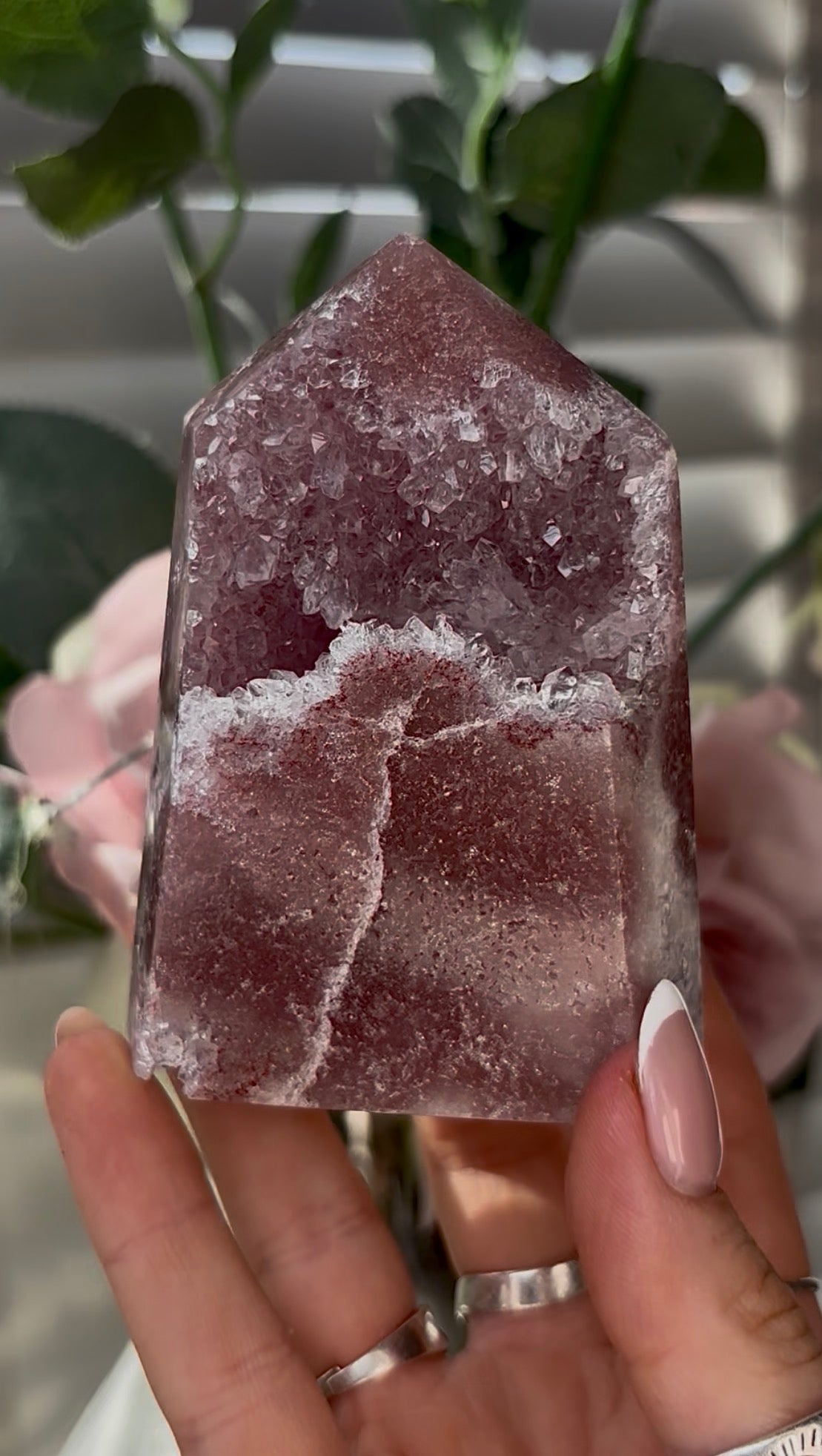 Beautiful, hq, druzy, Pink amethyst tower 9cm(h) by 6.4cm(w)