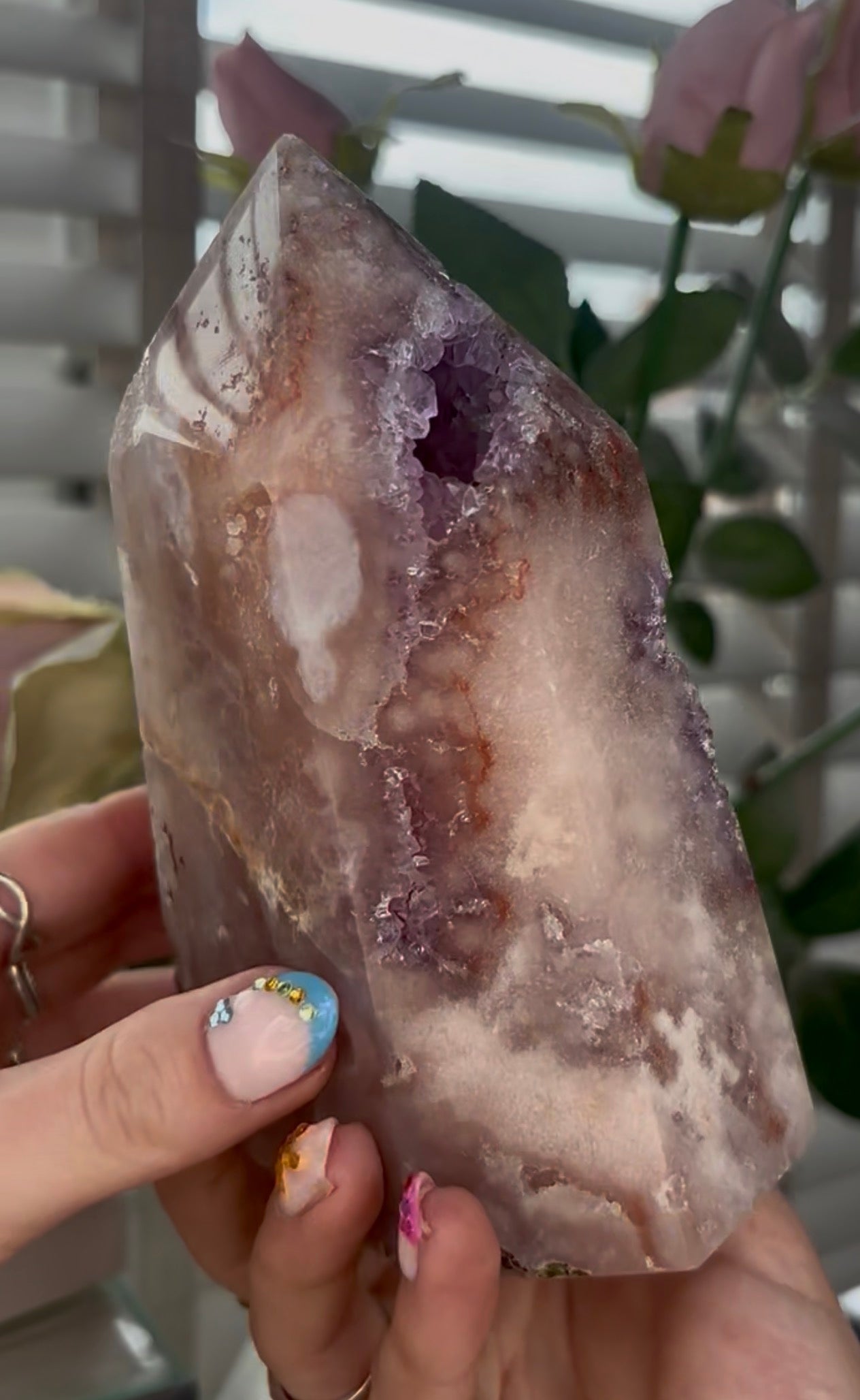 Huge, Beautiful, Pink amethyst tower with purple quartz druzy