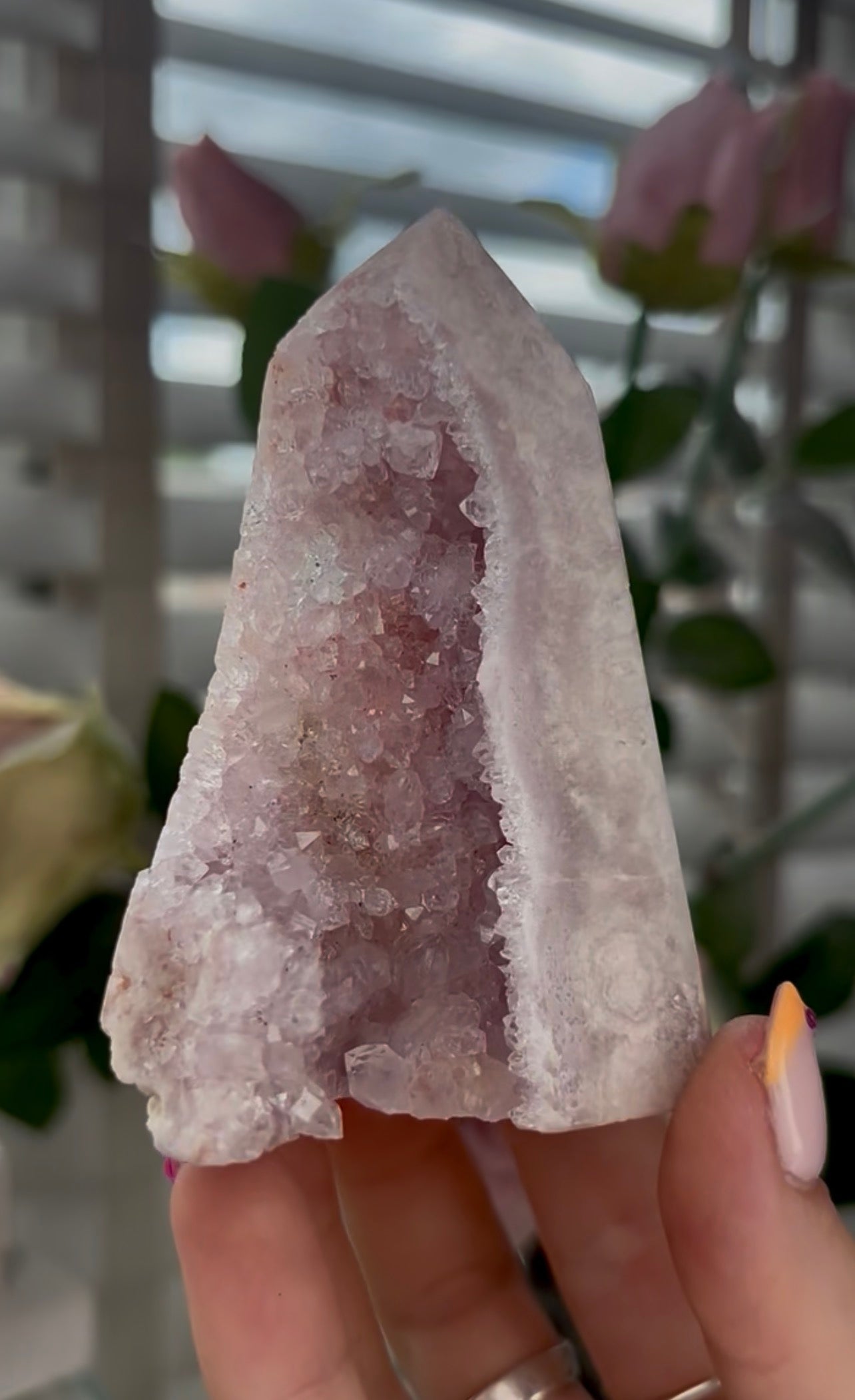 Pretty, baby Pink amethyst tower with Druzy