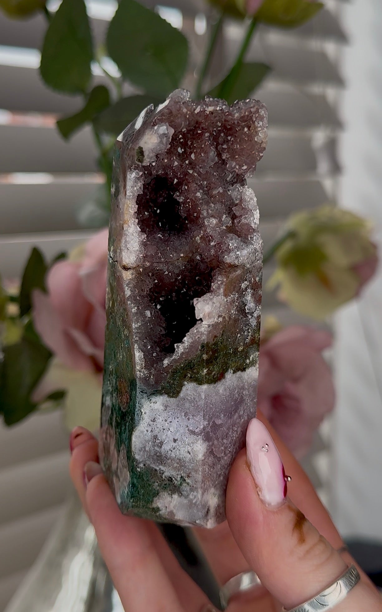 High quality Pink amethyst tower with jasper 11cm(h) 5cm(w)