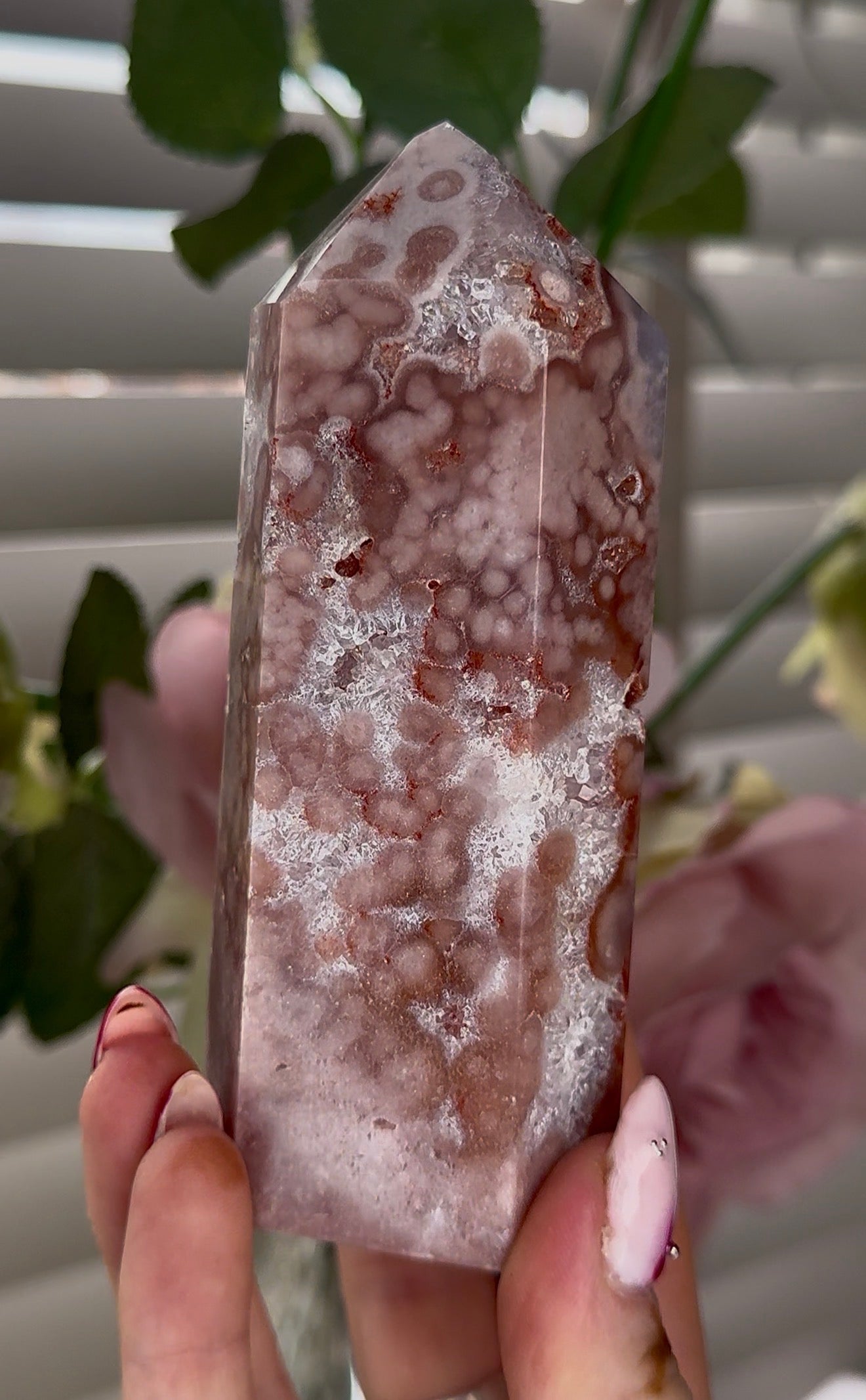 Pink amethyst tower with quartz 17cm by 5cm