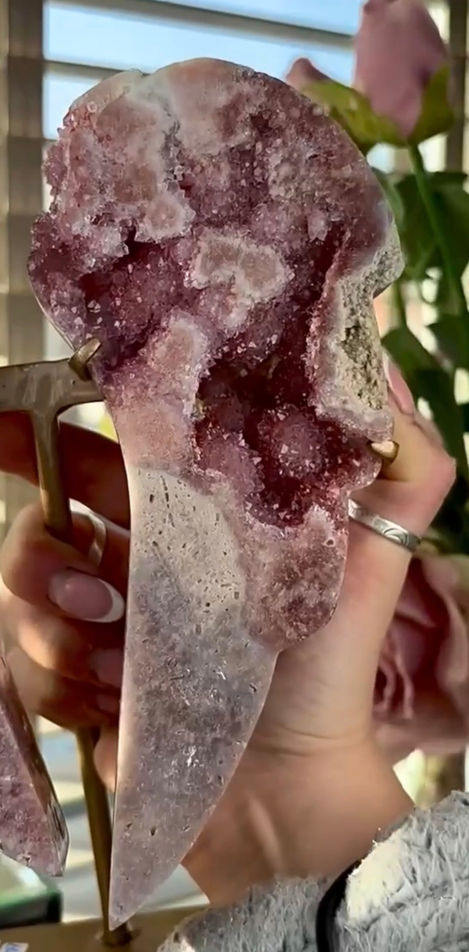 High quality, pink amethyst wings in reddish/deep pink tone - comes with stand