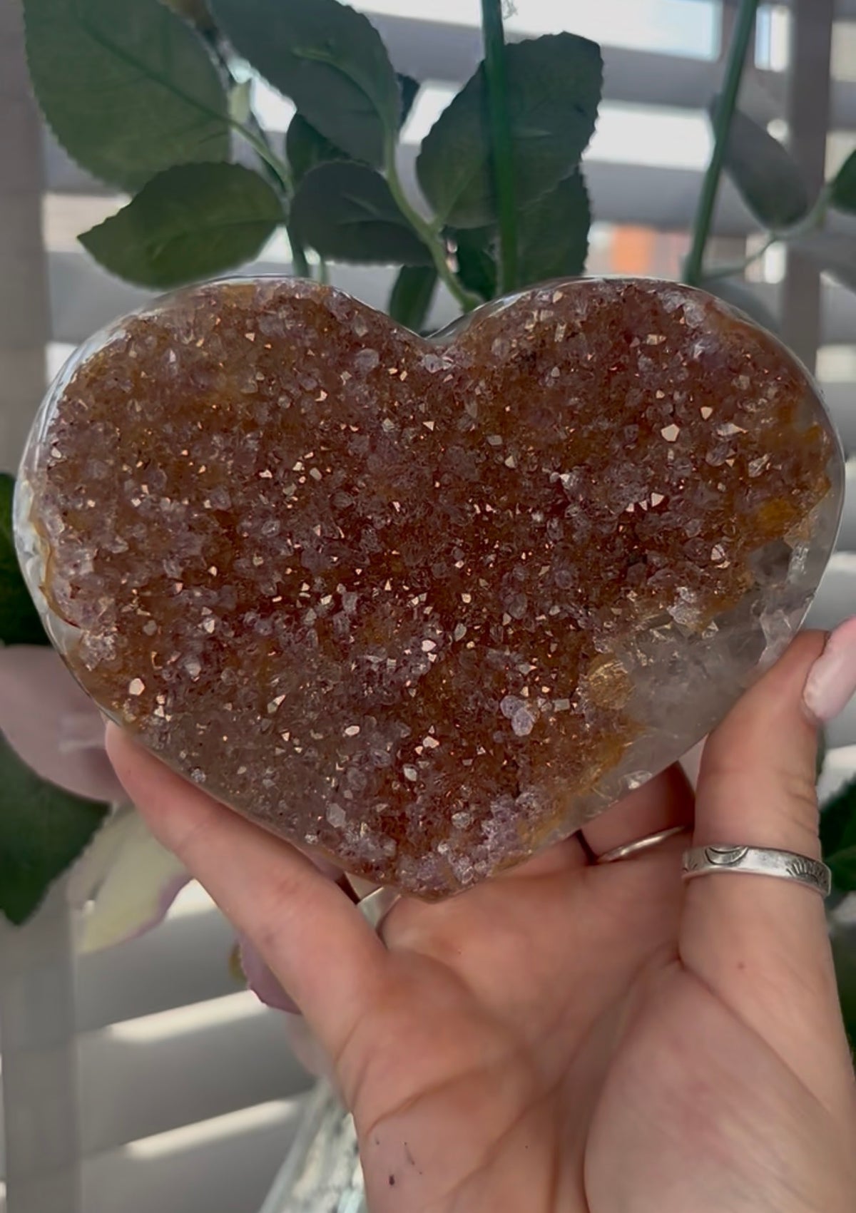 Uruguay, rainbow amethyst heart - comes with stand in orange no tones