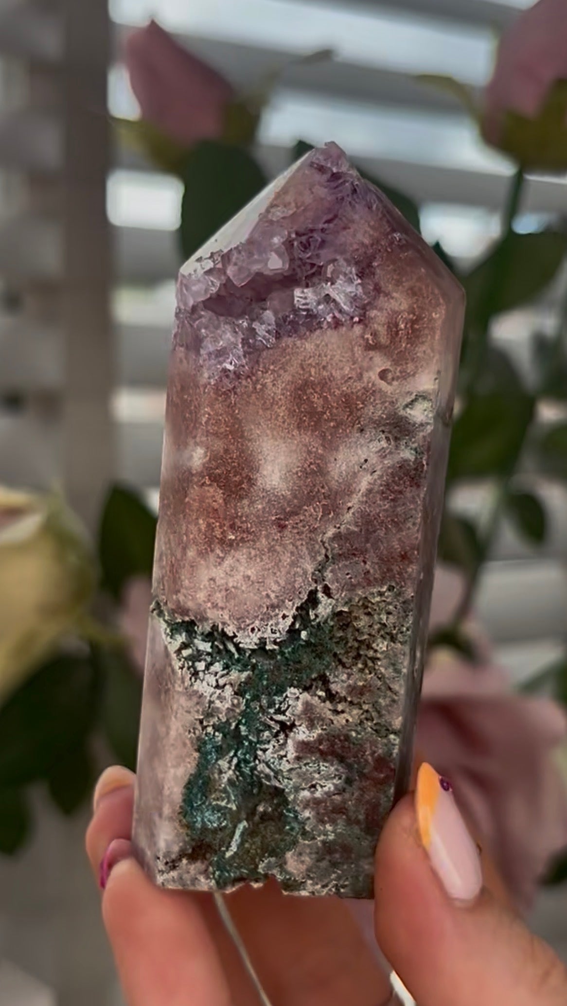 Pretty, Pink amethyst tower, with purple quartz druzy & green jasper
