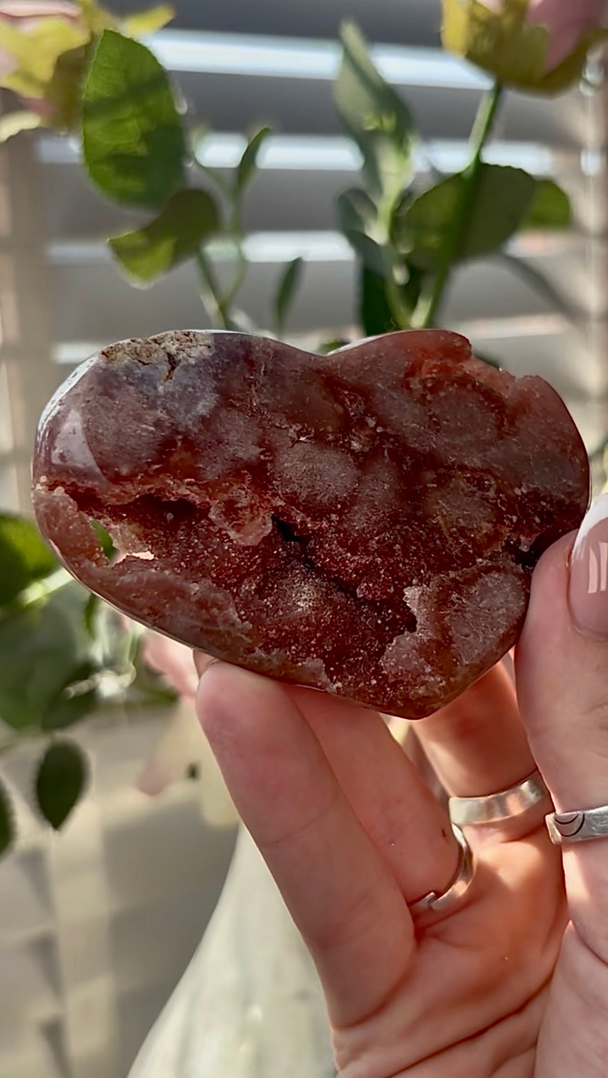 Gorgeous, high quality, berry red pink amethyst heart- comes with stand