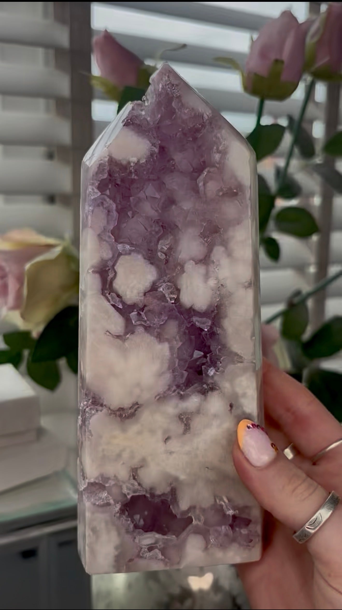 Huge, High quality, Pink amethyst tower, with purple quartz druzy