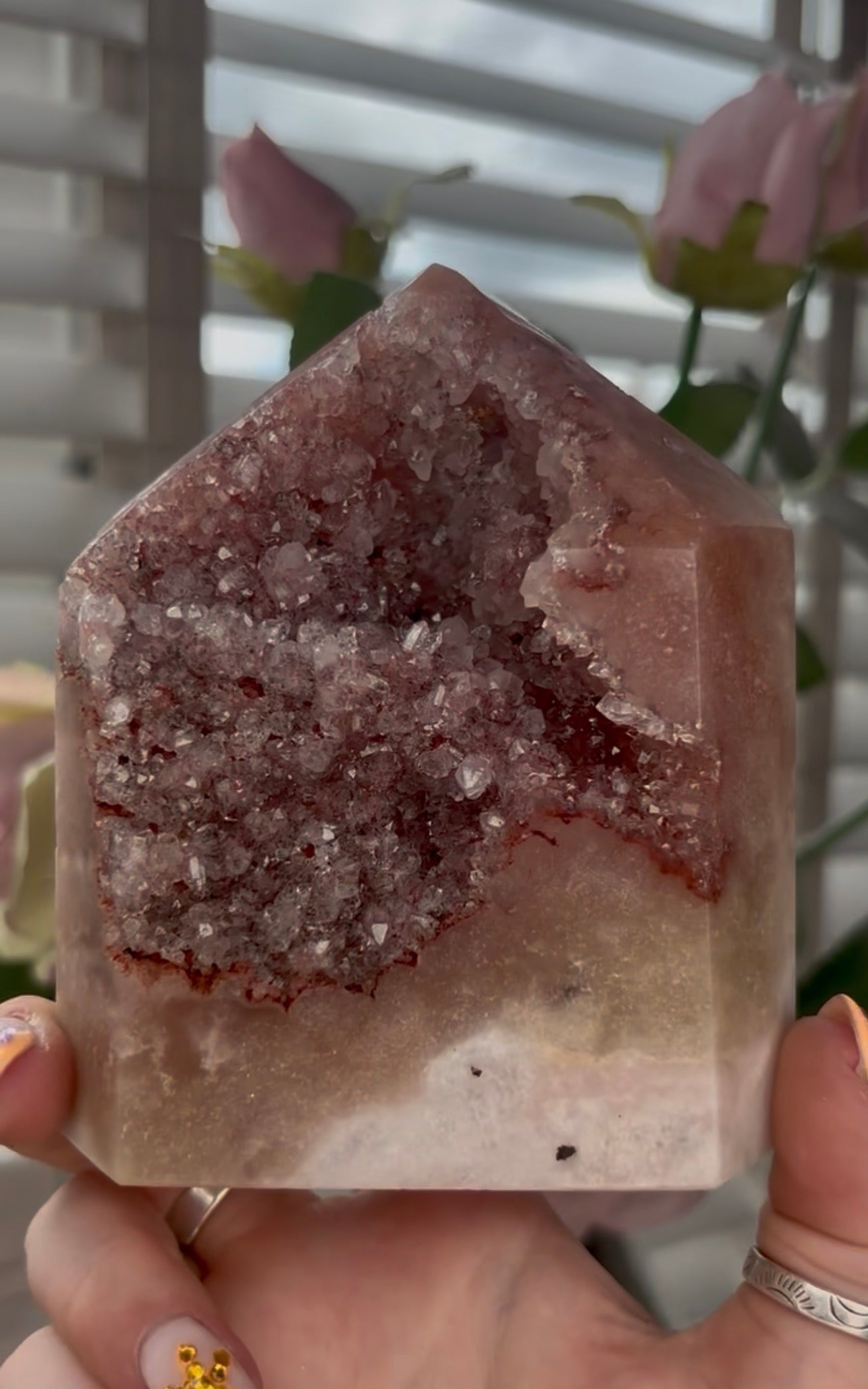 Pretty, high grade, Pink amethyst tower with gorgeous Druzy in burnt orange tones