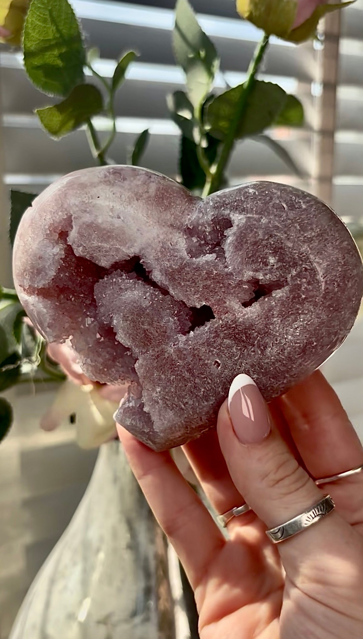 Gorgeous,  pink amethyst heart- comes with stand