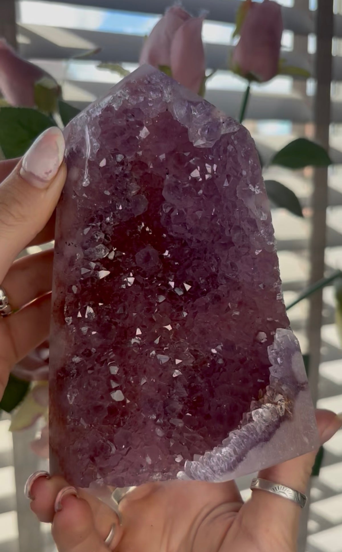 Beautiful, high quality, Pink amethyst tower in lilac tones with vibrant purple druzy