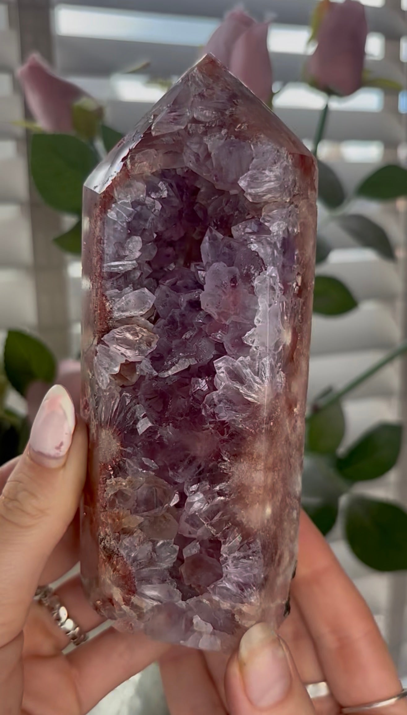 Beautiful, high quality, Pink amethyst tower with purple quartz