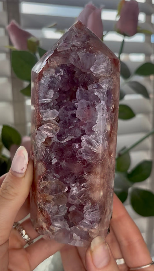 Beautiful, high quality, Pink amethyst tower with purple quartz