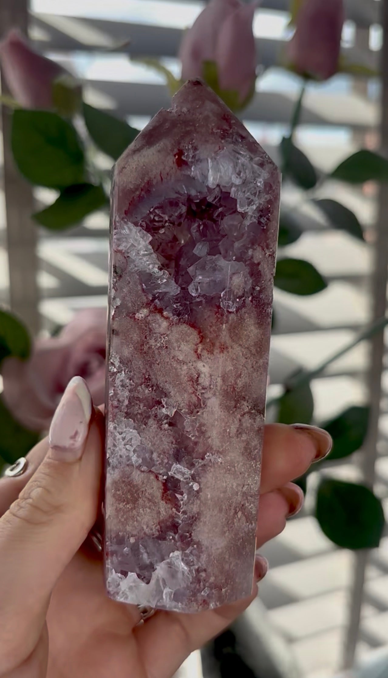 Beautiful, high quality, Pink amethyst tower with purple quartz